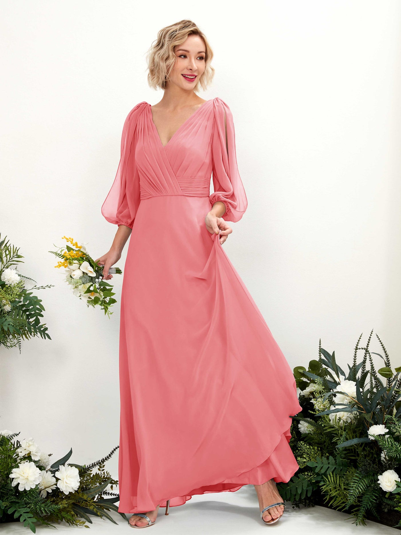 Coral Pink Bridesmaid Dresses Bridesmaid Dress Chiffon V-neck Full Length Long Sleeves Wedding Party Dress (81223530)#color_coral-pink
