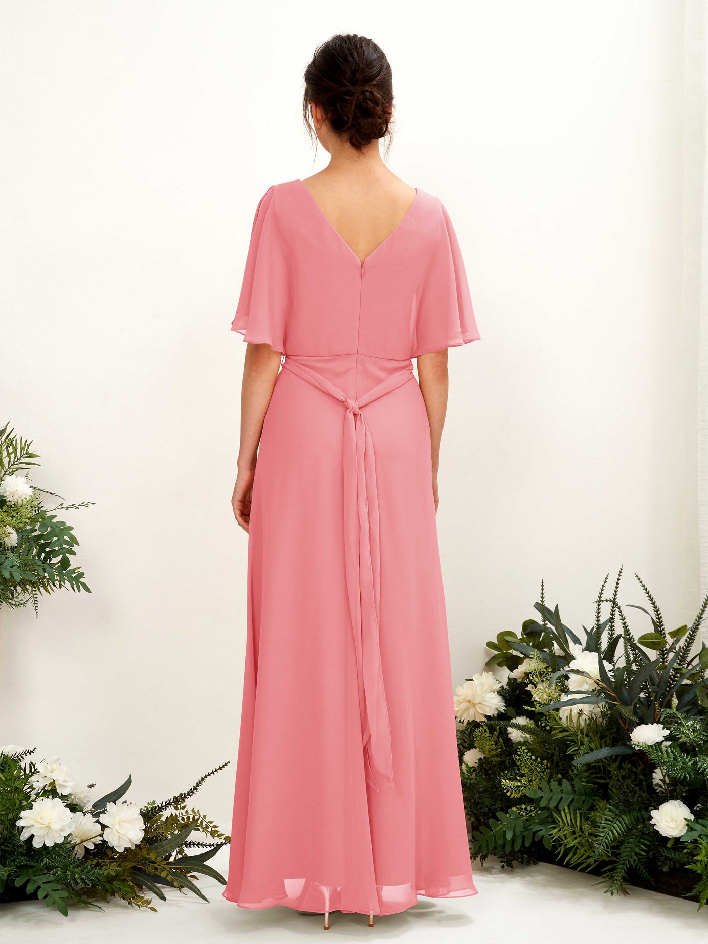 Coral Pink Bridesmaid Dresses Bridesmaid Dress A-line Chiffon V-neck Full Length Short Sleeves Wedding Party Dress (81222430)#color_coral-pink