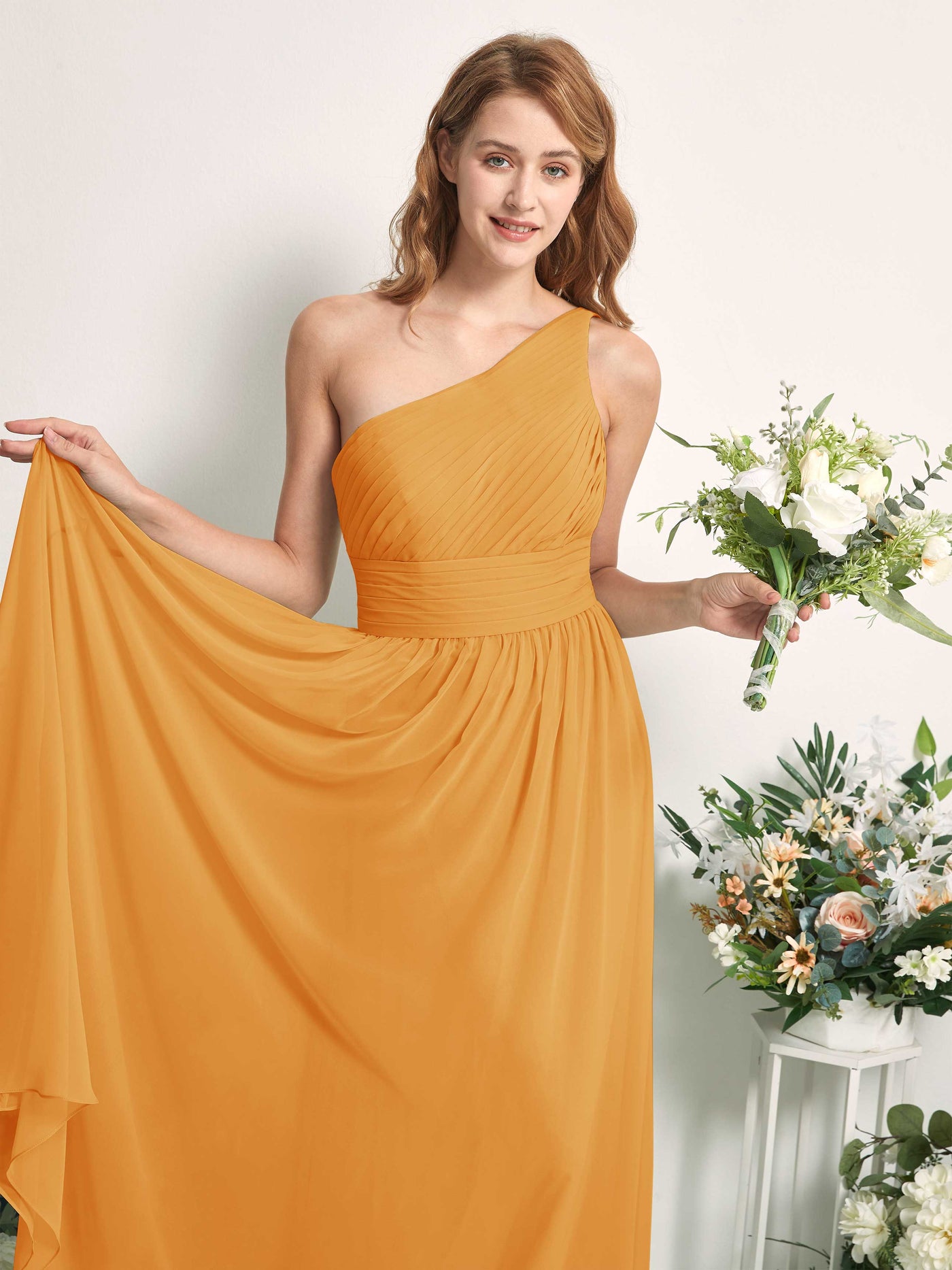 Bridesmaid Dress A-line Chiffon One Shoulder Full Length Sleeveless Wedding Party Dress - Mango (81226702)#color_mango