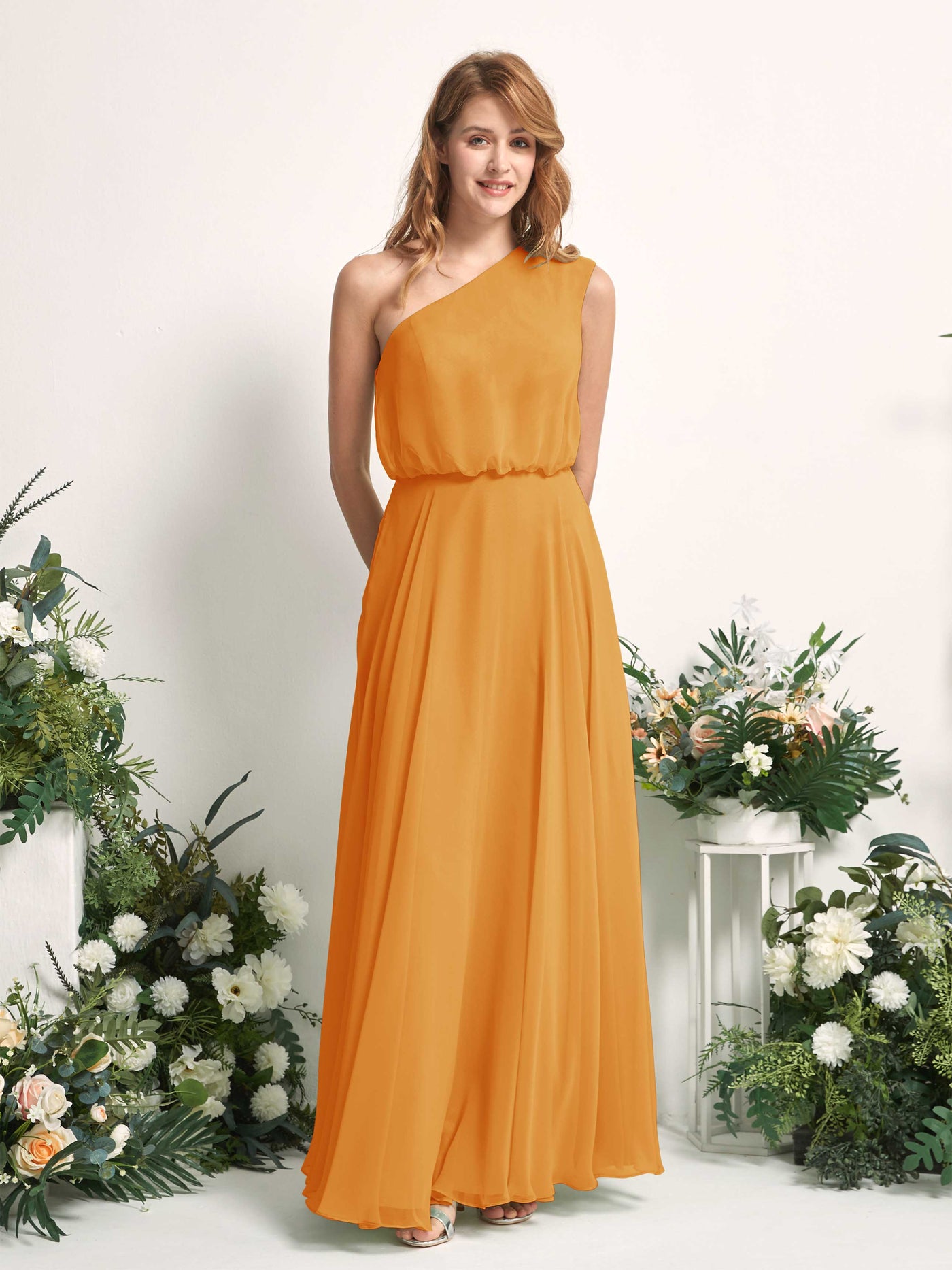 Bridesmaid Dress A-line Chiffon One Shoulder Full Length Sleeveless Wedding Party Dress - Mango (81226802)#color_mango