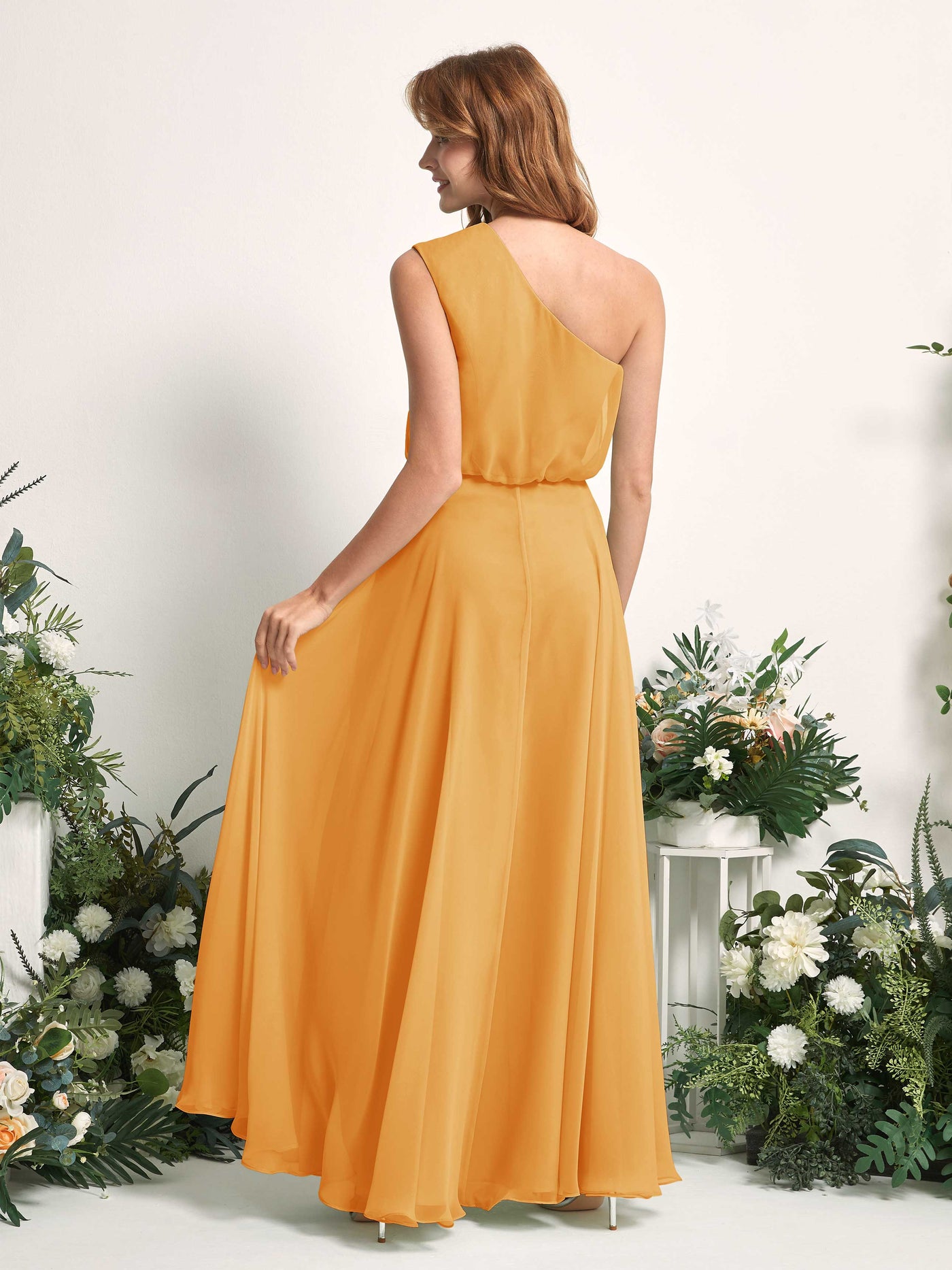Bridesmaid Dress A-line Chiffon One Shoulder Full Length Sleeveless Wedding Party Dress - Mango (81226802)#color_mango