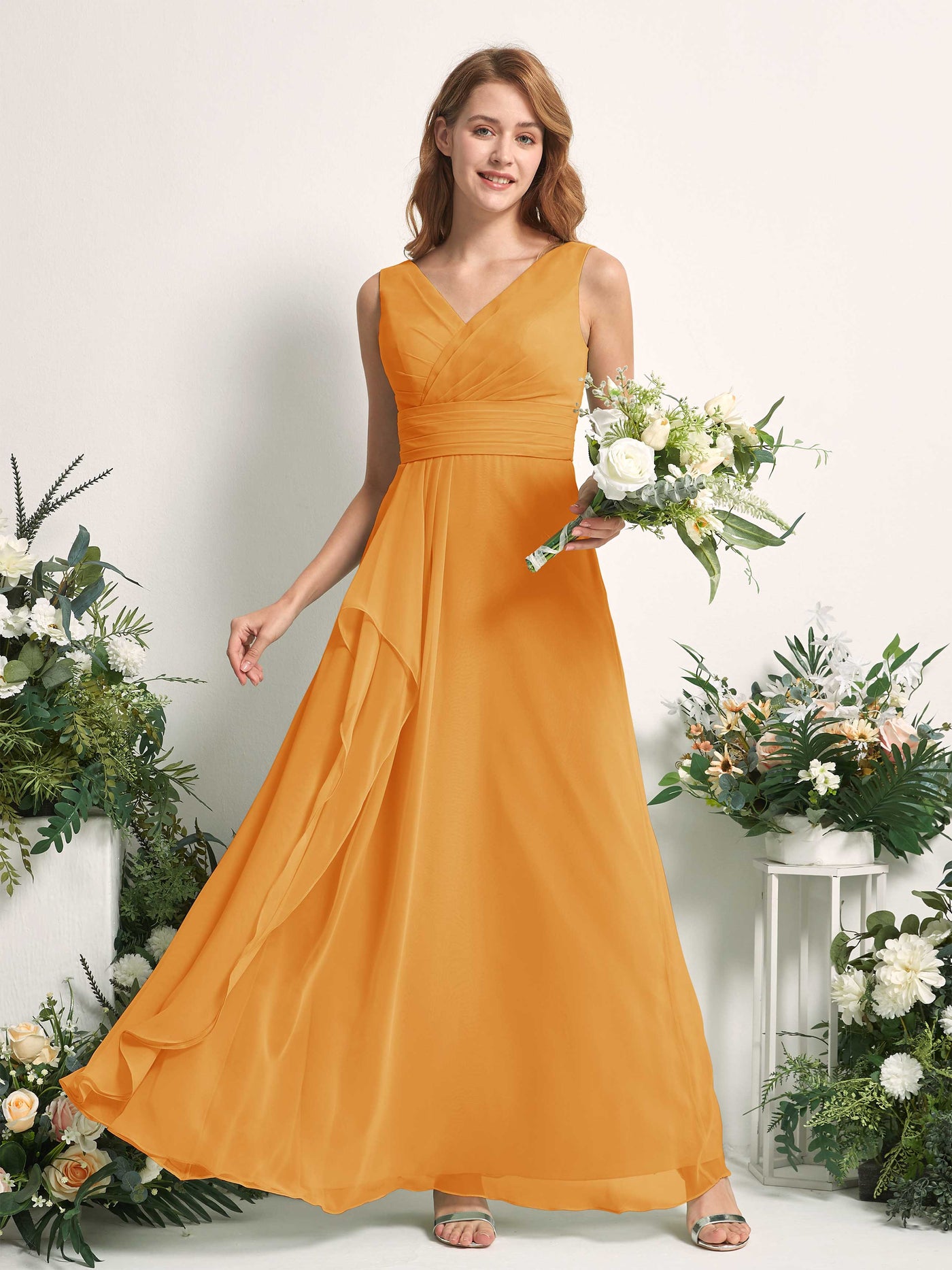 Bridesmaid Dress A-line Chiffon V-neck Full Length Sleeveless Wedding Party Dress - Mango (81227102)#color_mango