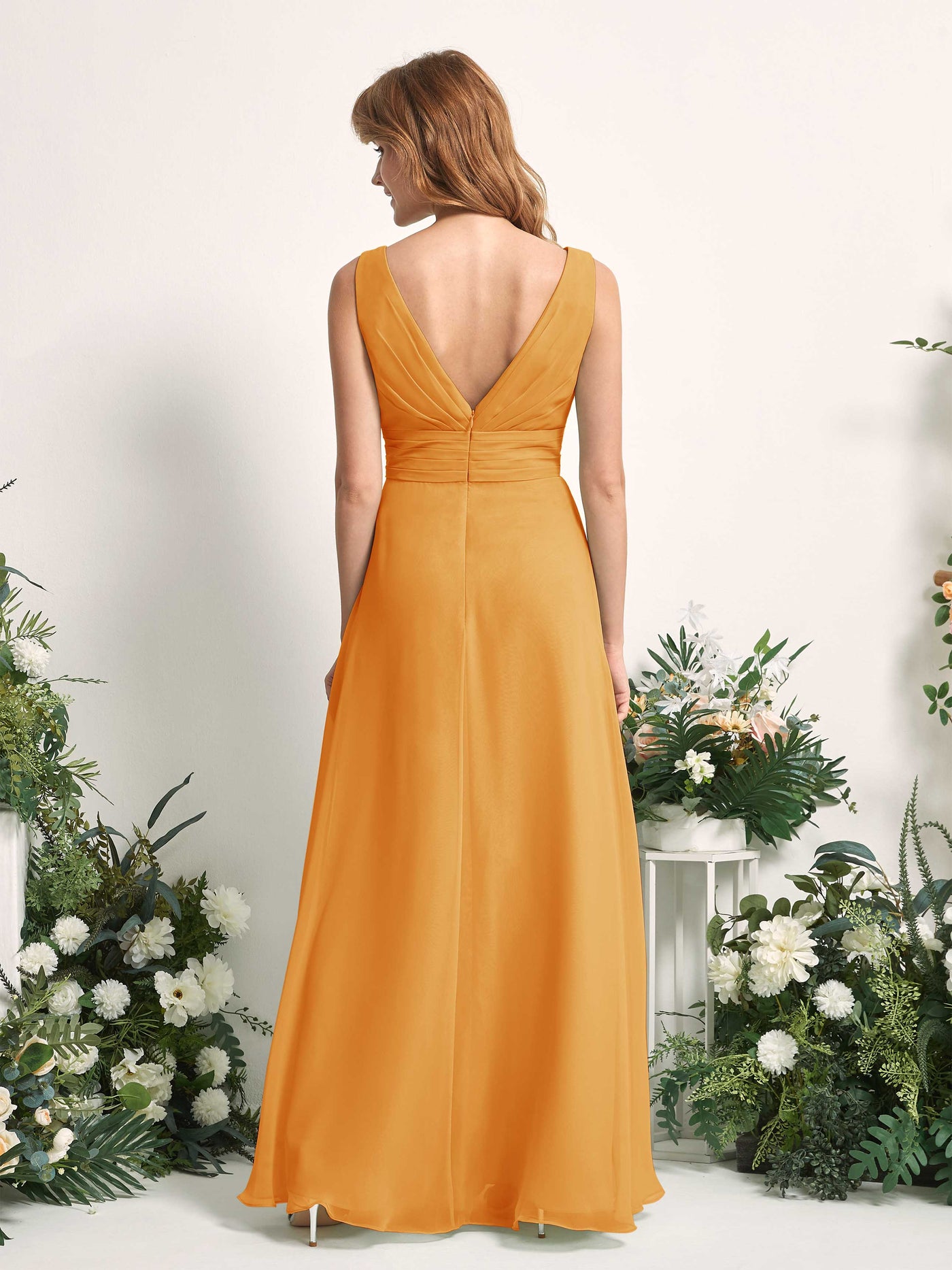 Bridesmaid Dress A-line Chiffon V-neck Full Length Sleeveless Wedding Party Dress - Mango (81227102)#color_mango
