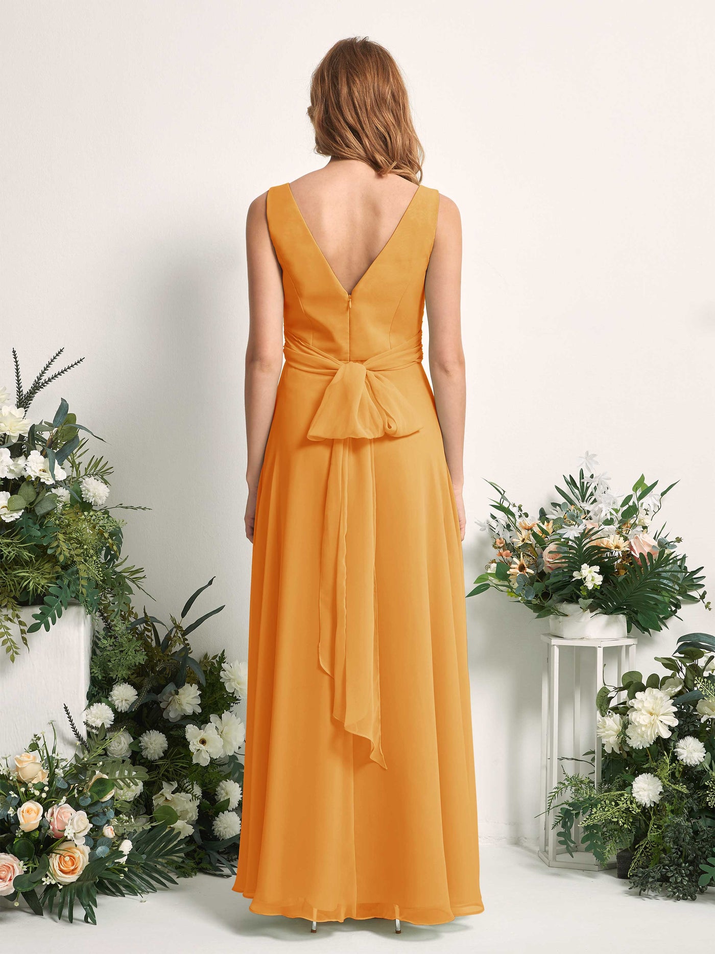 Bridesmaid Dress A-line Chiffon Straps Full Length Sleeveless Wedding Party Dress - Mango (81227302)#color_mango