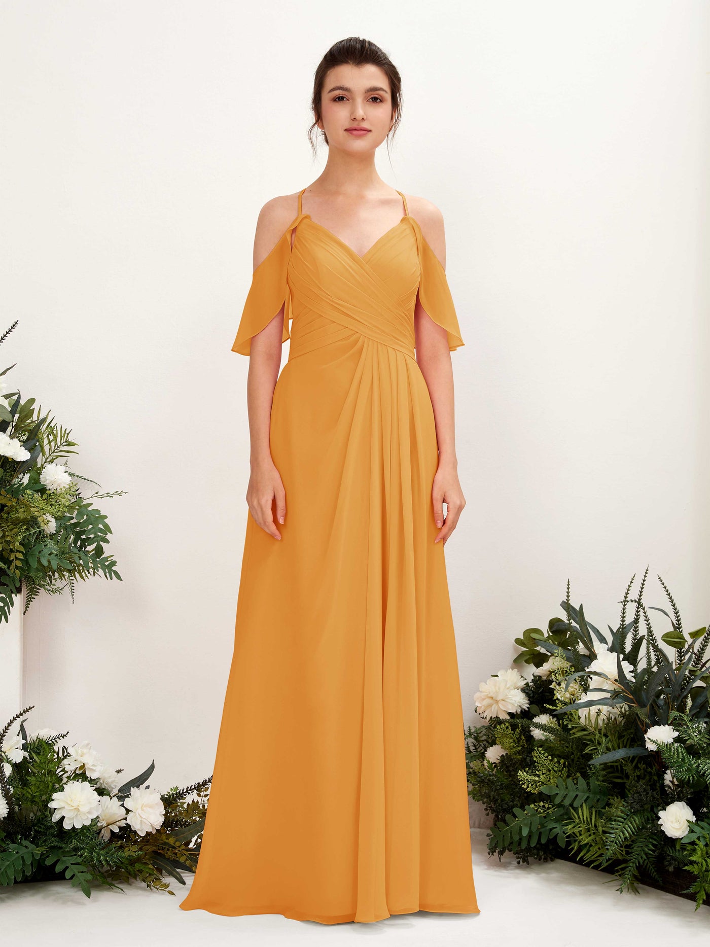 Ball Gown Off Shoulder Spaghetti-straps Chiffon Bridesmaid Dress - Mango (81221702)#color_mango