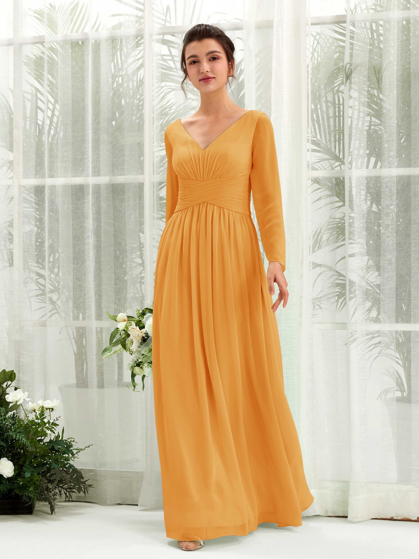 Mango Bridesmaid Dresses Bridesmaid Dress A-line Chiffon V-neck Full Length Long Sleeves Wedding Party Dress (81220302)#color_mango