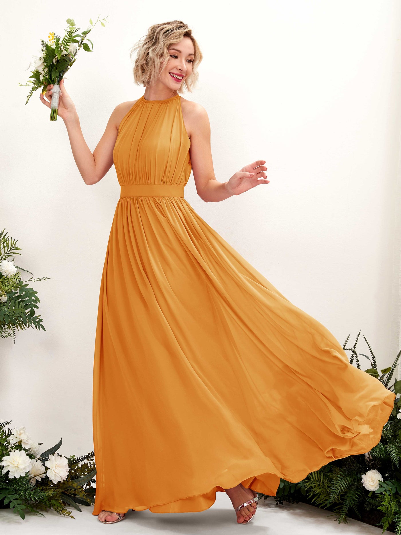Mango Bridesmaid Dresses Bridesmaid Dress A-line Chiffon Halter Full Length Sleeveless Wedding Party Dress (81223102)#color_mango