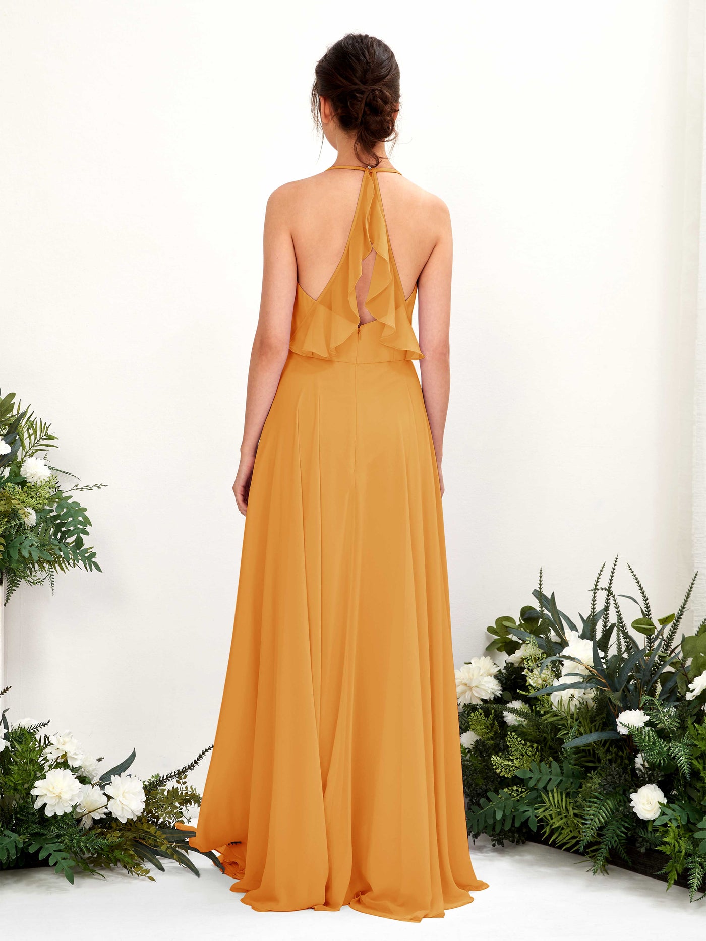 Halter V-neck Sleeveless Chiffon Bridesmaid Dress - Mango (81221002)#color_mango