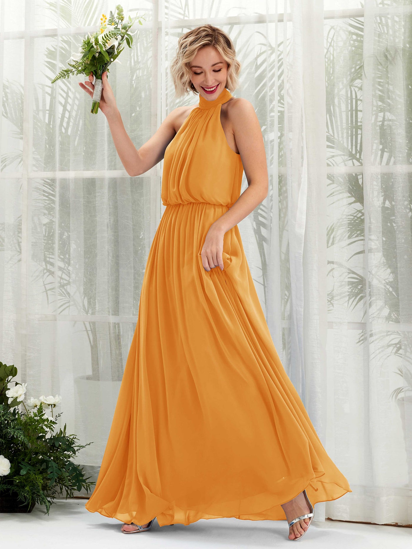 Mango Bridesmaid Dresses Bridesmaid Dress A-line Chiffon Halter Full Length Sleeveless Wedding Party Dress (81222902)#color_mango