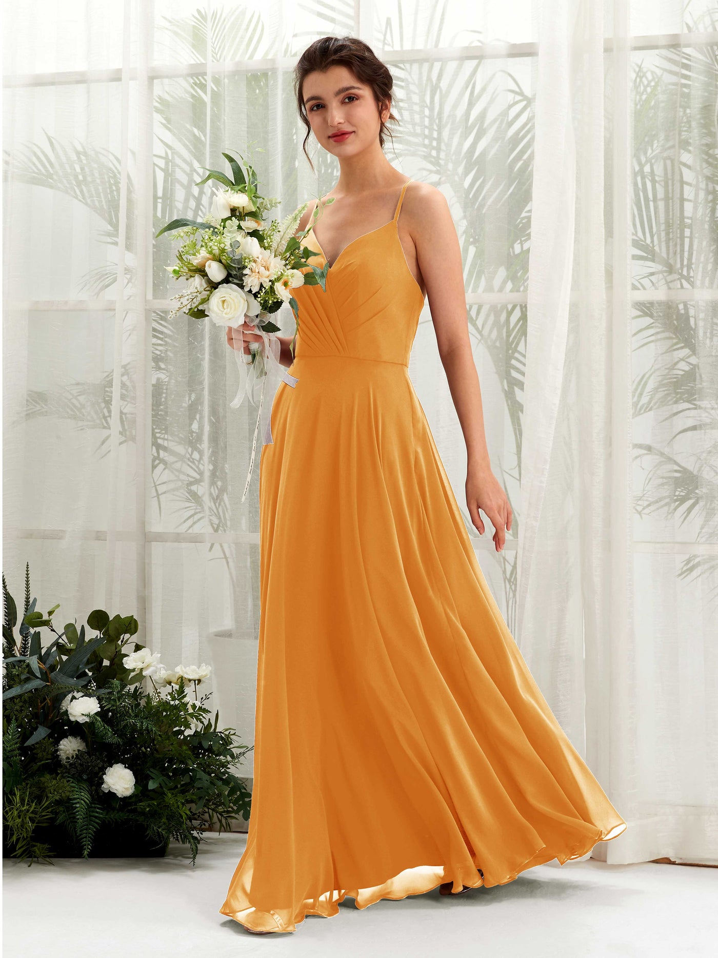 Mango Bridesmaid Dresses Bridesmaid Dress Chiffon Spaghetti-straps Full Length Sleeveless Wedding Party Dress (81224202)#color_mango