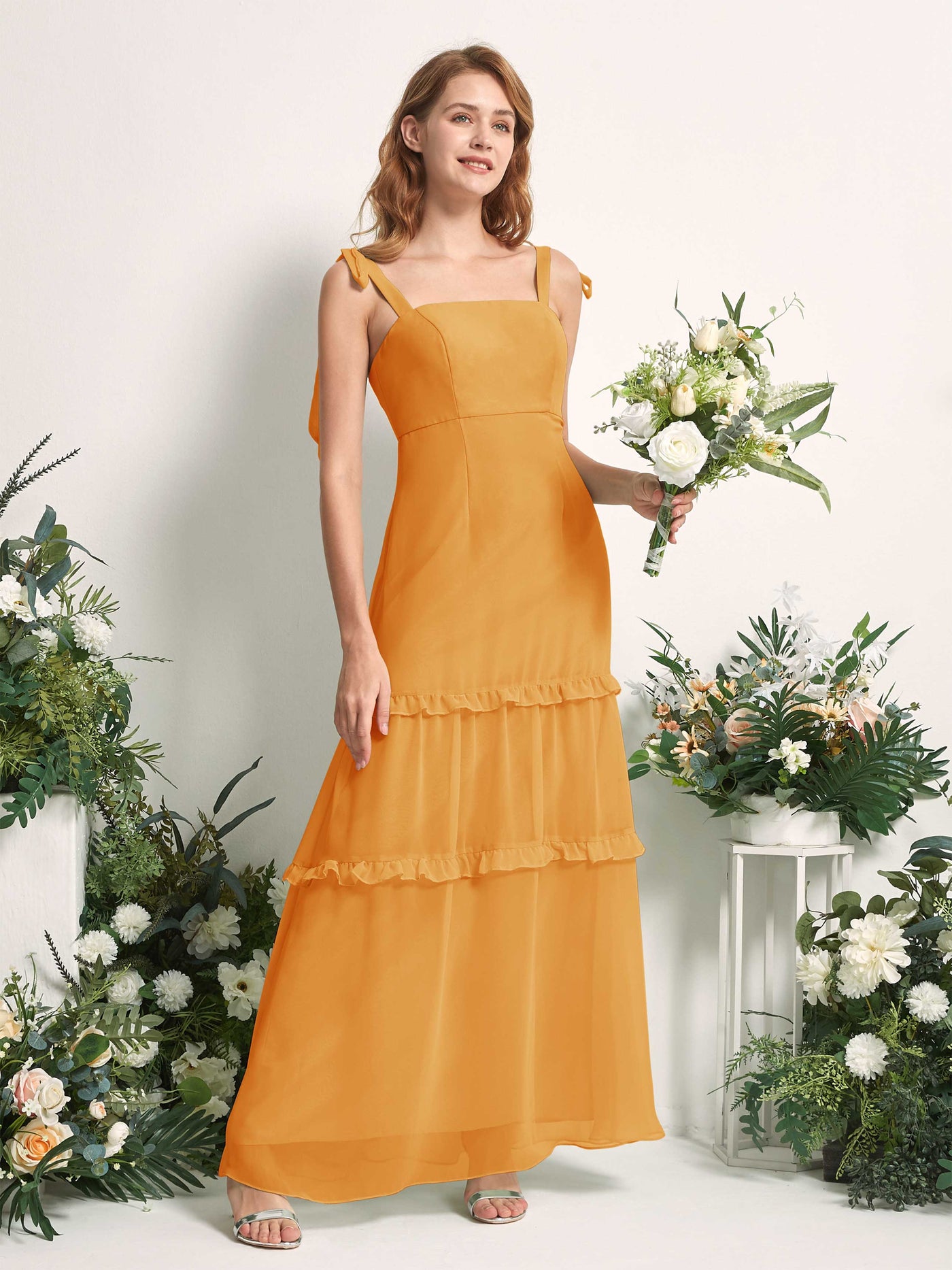 Bridesmaid Dress Chiffon Straps Full Length Sleeveless Wedding Party Dress - Mango (81227502)#color_mango