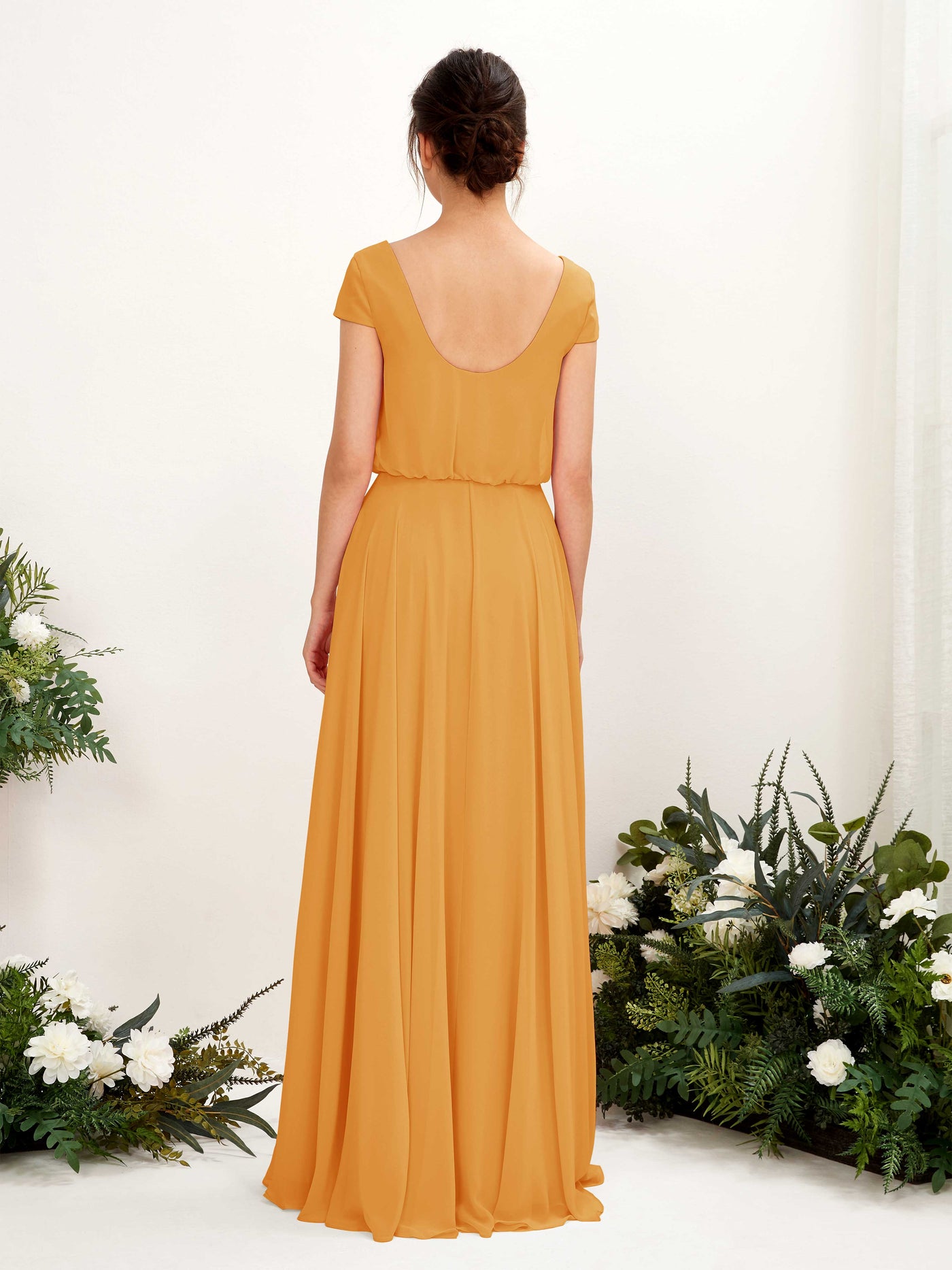 Mango Bridesmaid Dresses Bridesmaid Dress A-line Chiffon V-neck Full Length Short Sleeves Wedding Party Dress (81221802)#color_mango