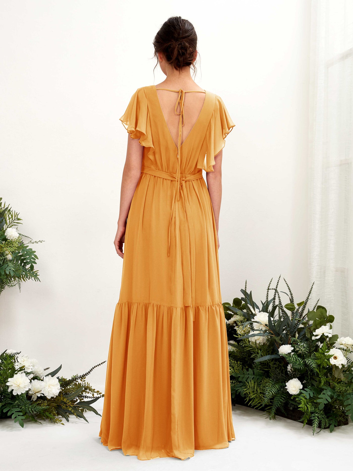 Mango Bridesmaid Dresses Bridesmaid Dress A-line Chiffon V-neck Full Length Short Sleeves Wedding Party Dress (81225902)#color_mango