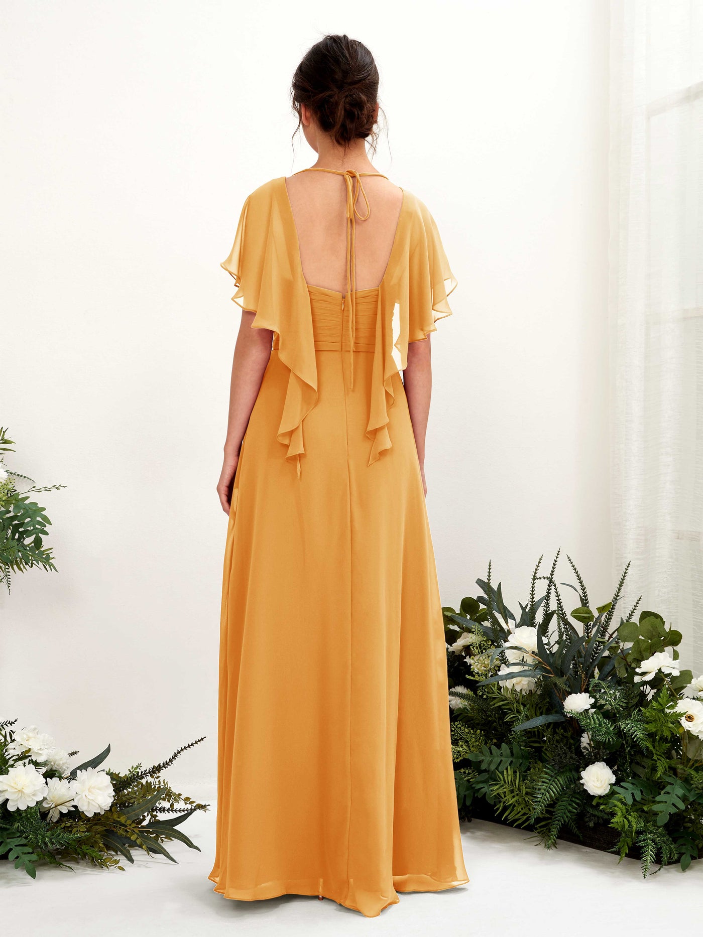 Open back V-neck Short Sleeves Chiffon Bridesmaid Dress - Mango (81226102)#color_mango