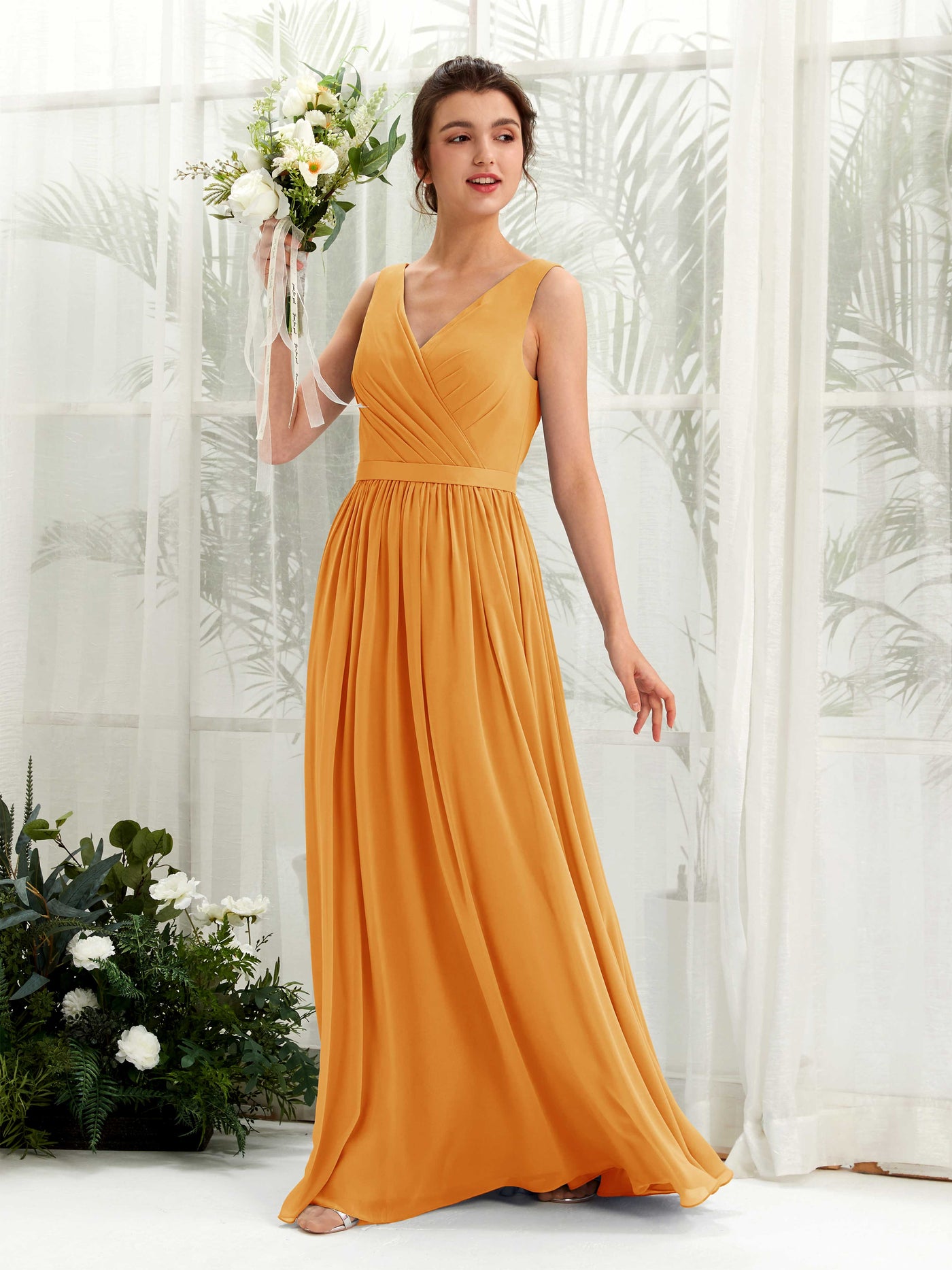 Mango Bridesmaid Dresses Bridesmaid Dress A-line Chiffon V-neck Full Length Sleeveless Wedding Party Dress (81223602)#color_mango