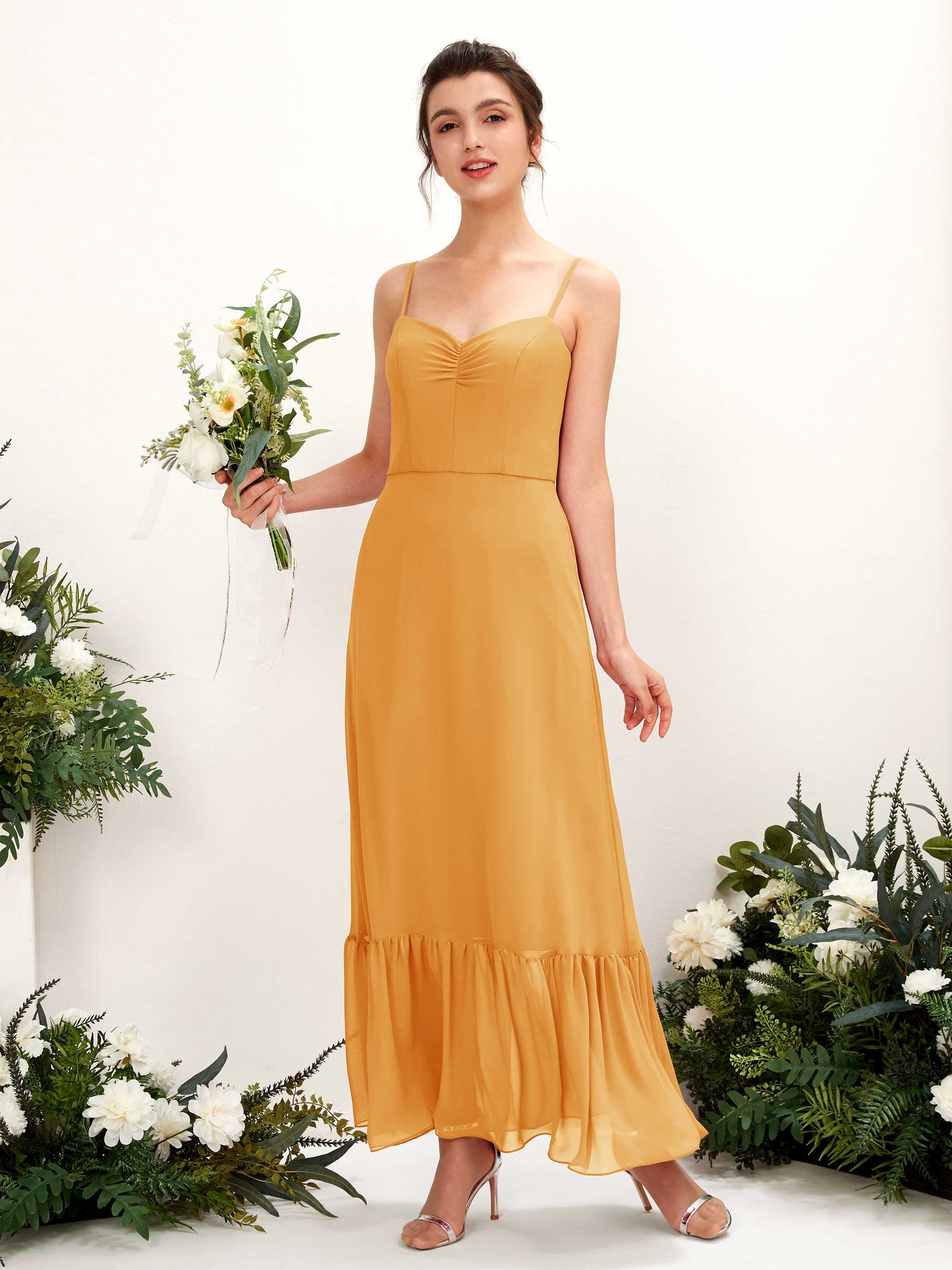Mango Bridesmaid Dresses Bridesmaid Dress Chiffon Spaghetti-straps Full Length Sleeveless Wedding Party Dress (81223002)#color_mango