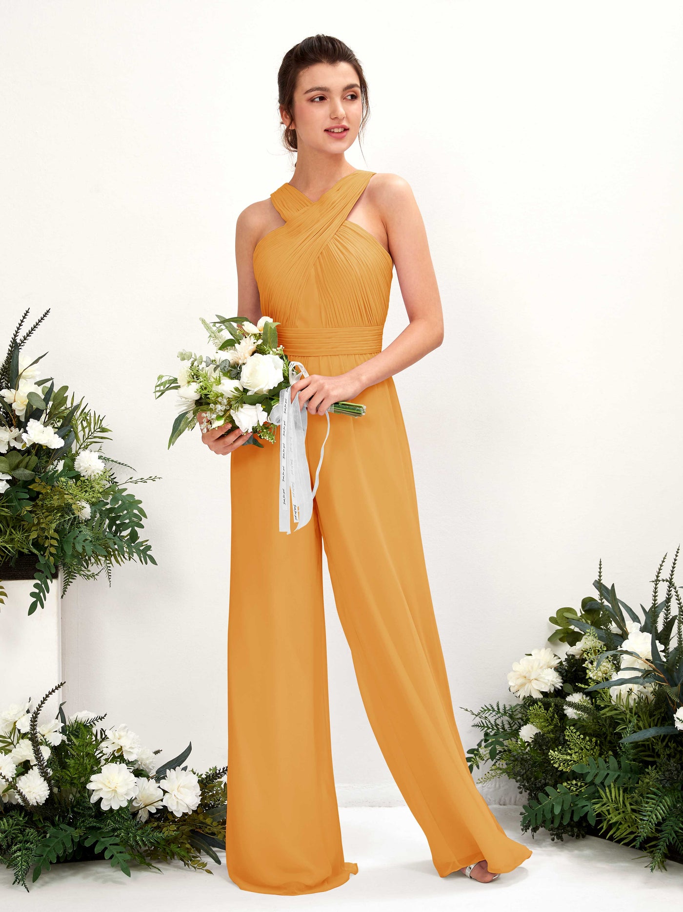 Mango Bridesmaid Dresses Bridesmaid Dress Chiffon V-neck Full Length Sleeveless Wedding Party Dress (81220702)#color_mango