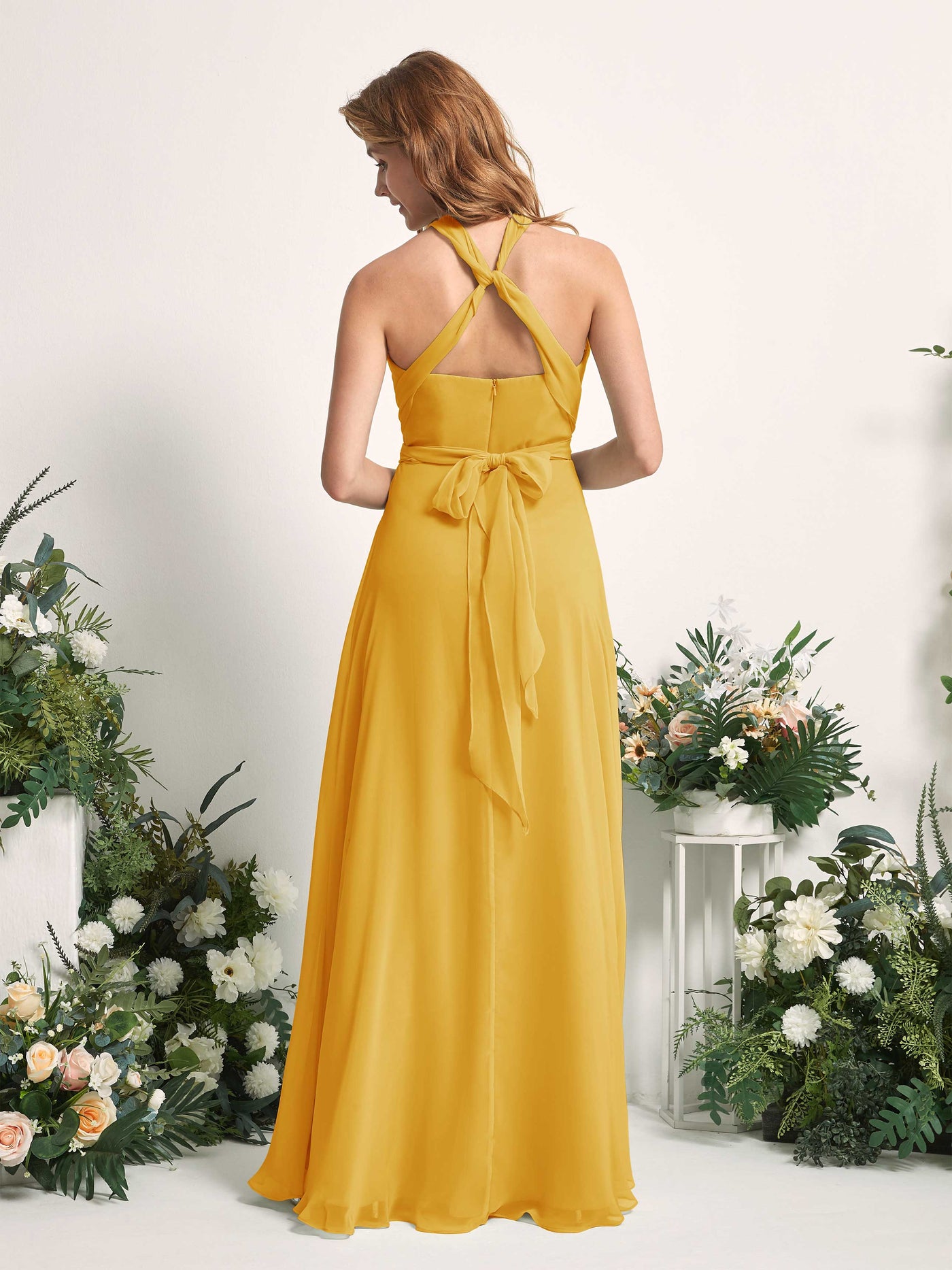 Mustard Yellow Bridesmaid Dresses Bridesmaid Dress A-line Chiffon Halter Full Length Short Sleeves Wedding Party Dress (81226333)#color_mustard-yellow