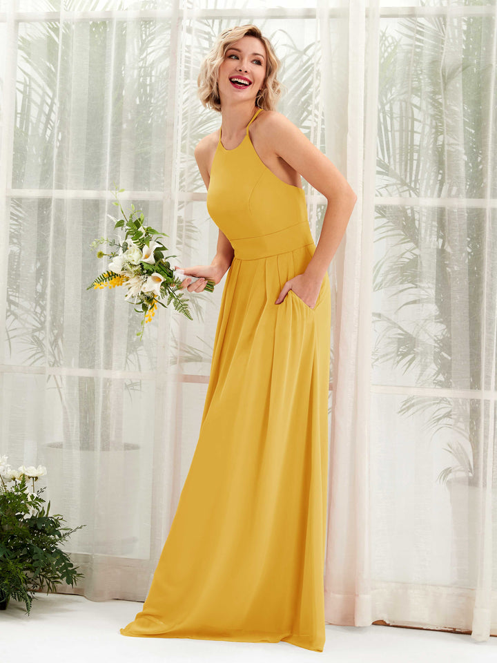 Mustard Yellow Bridesmaid Dresses Bridesmaid Dress A-line Chiffon Halter Full Length Sleeveless Wedding Party Dress (81225233)