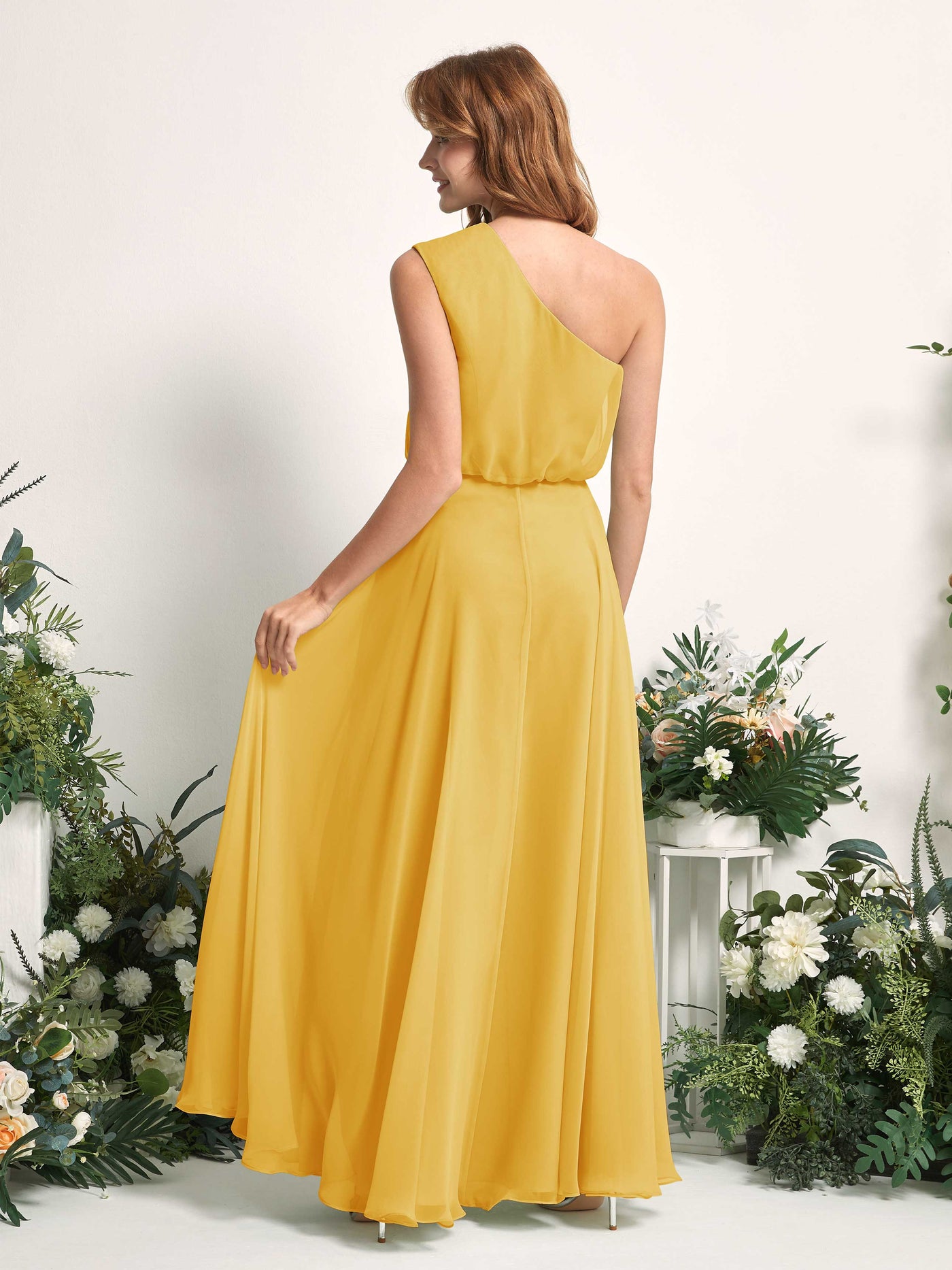 Bridesmaid Dress A-line Chiffon One Shoulder Full Length Sleeveless Wedding Party Dress - Mustard Yellow (81226833)#color_mustard-yellow