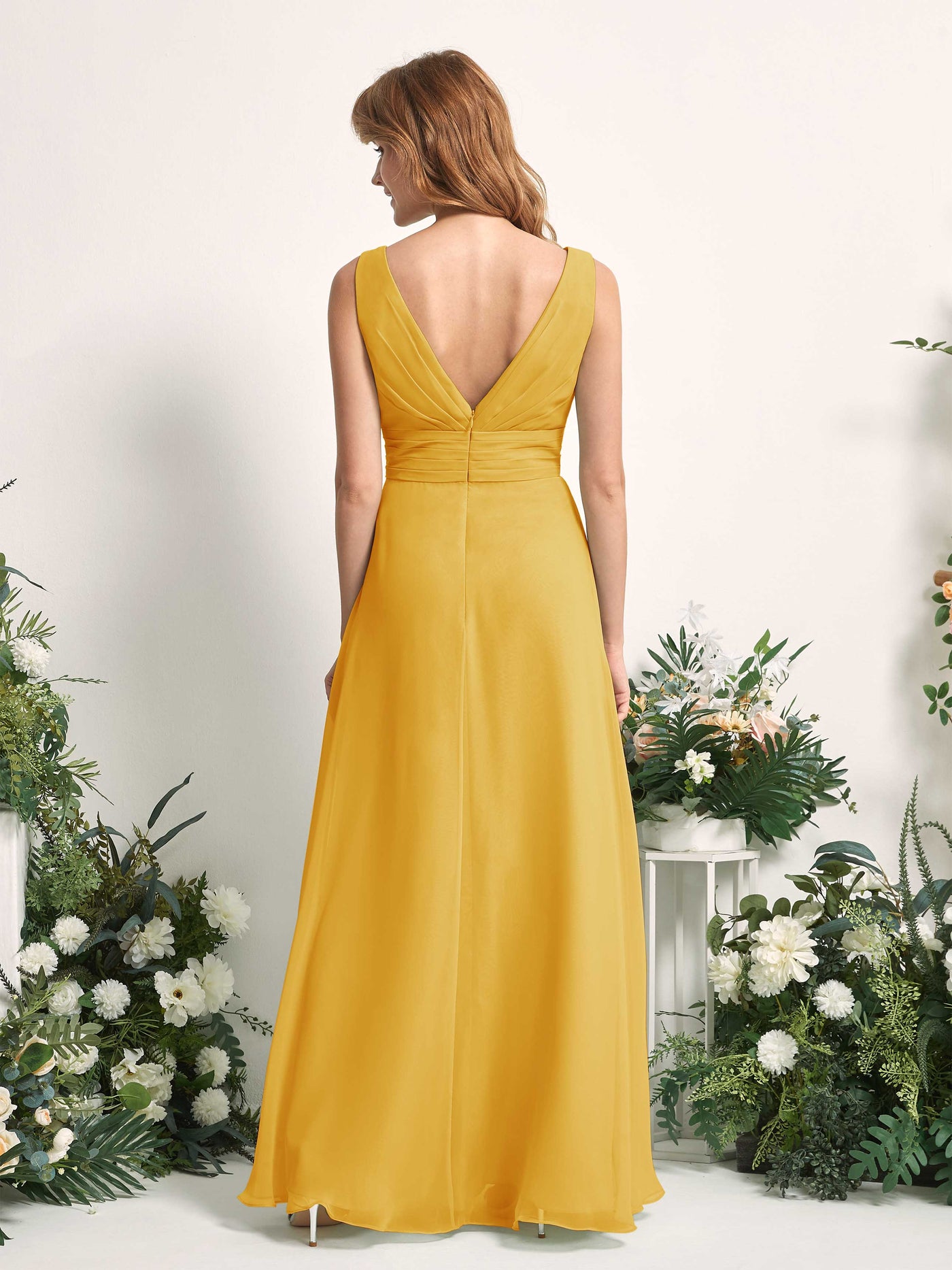 Bridesmaid Dress A-line Chiffon V-neck Full Length Sleeveless Wedding Party Dress - Mustard Yellow (81227133)#color_mustard-yellow