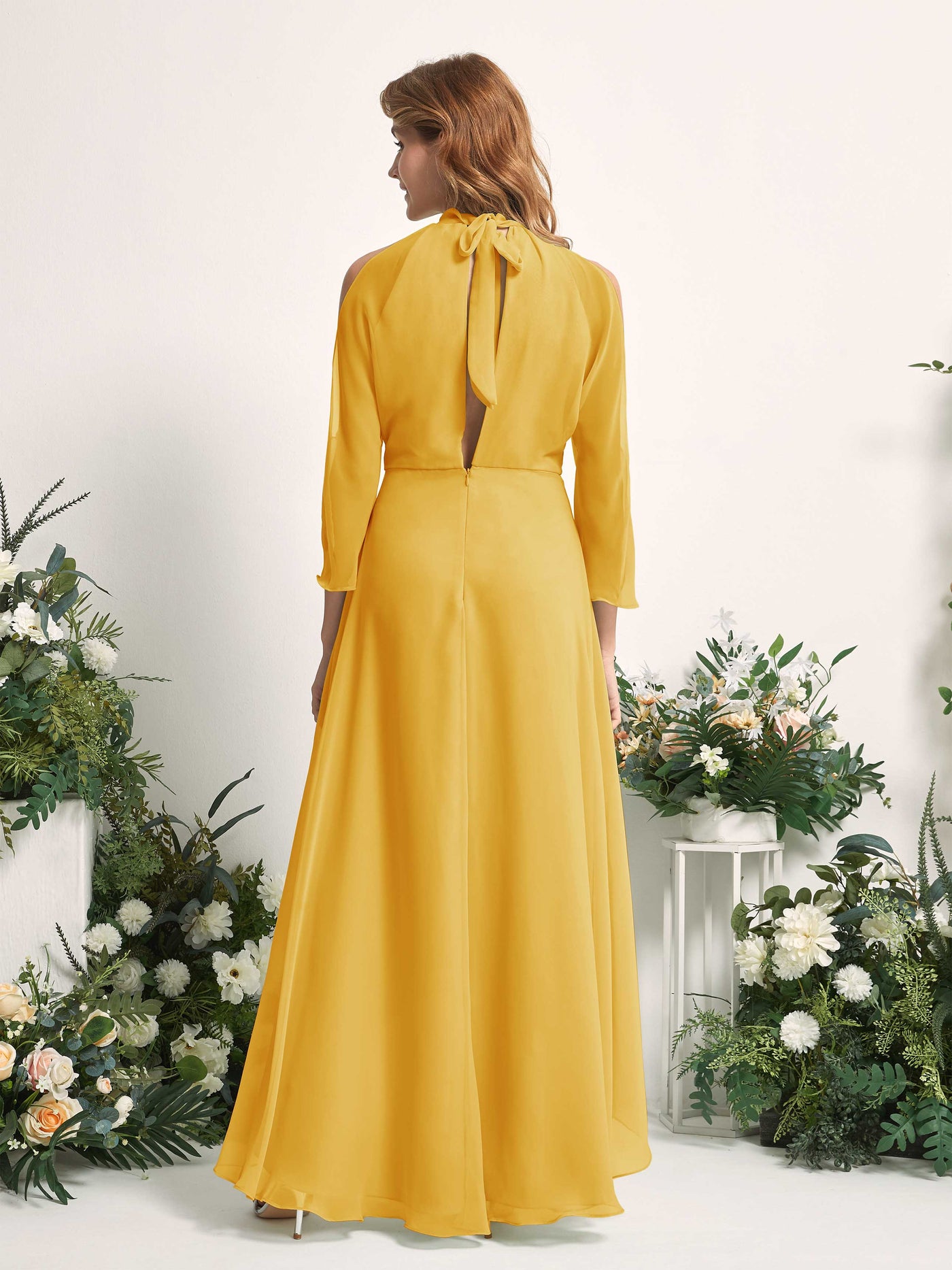 Bridesmaid Dress A-line Chiffon Halter High Low 3/4 Sleeves Wedding Party Dress - Mustard Yellow (81227633)#color_mustard-yellow