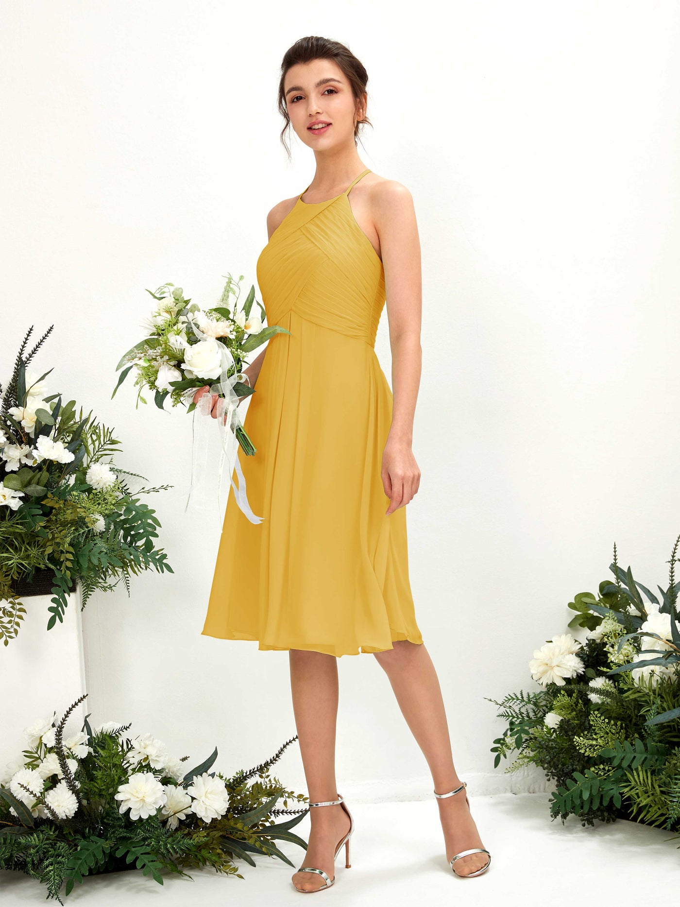 Mustard Yellow Bridesmaid Dresses Bridesmaid Dress A-line Chiffon Halter Knee Length Sleeveless Wedding Party Dress (81220433)#color_mustard-yellow