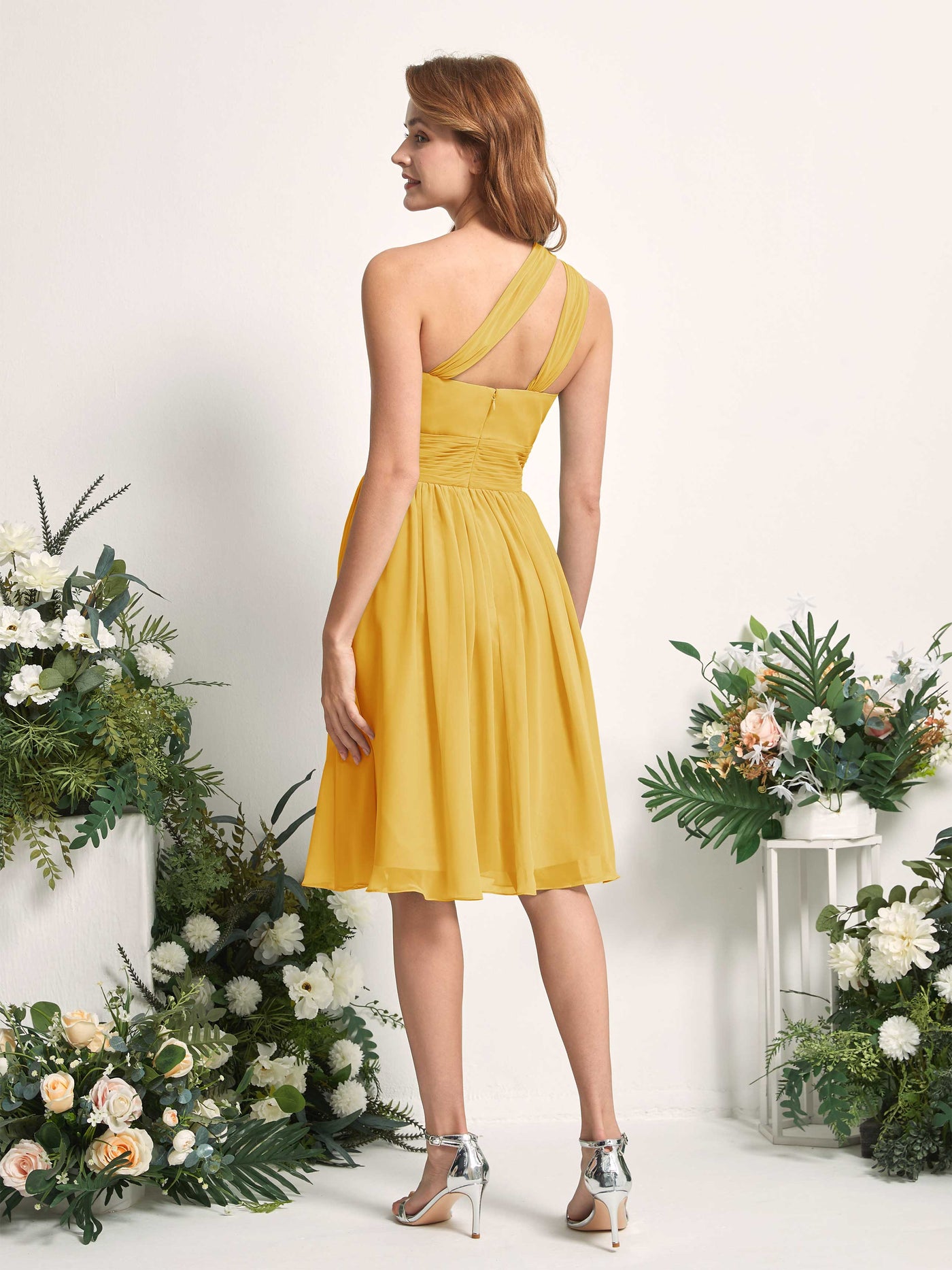Bridesmaid Dress A-line Chiffon One Shoulder Knee Length Sleeveless Wedding Party Dress - Mustard Yellow (81221233)#color_mustard-yellow