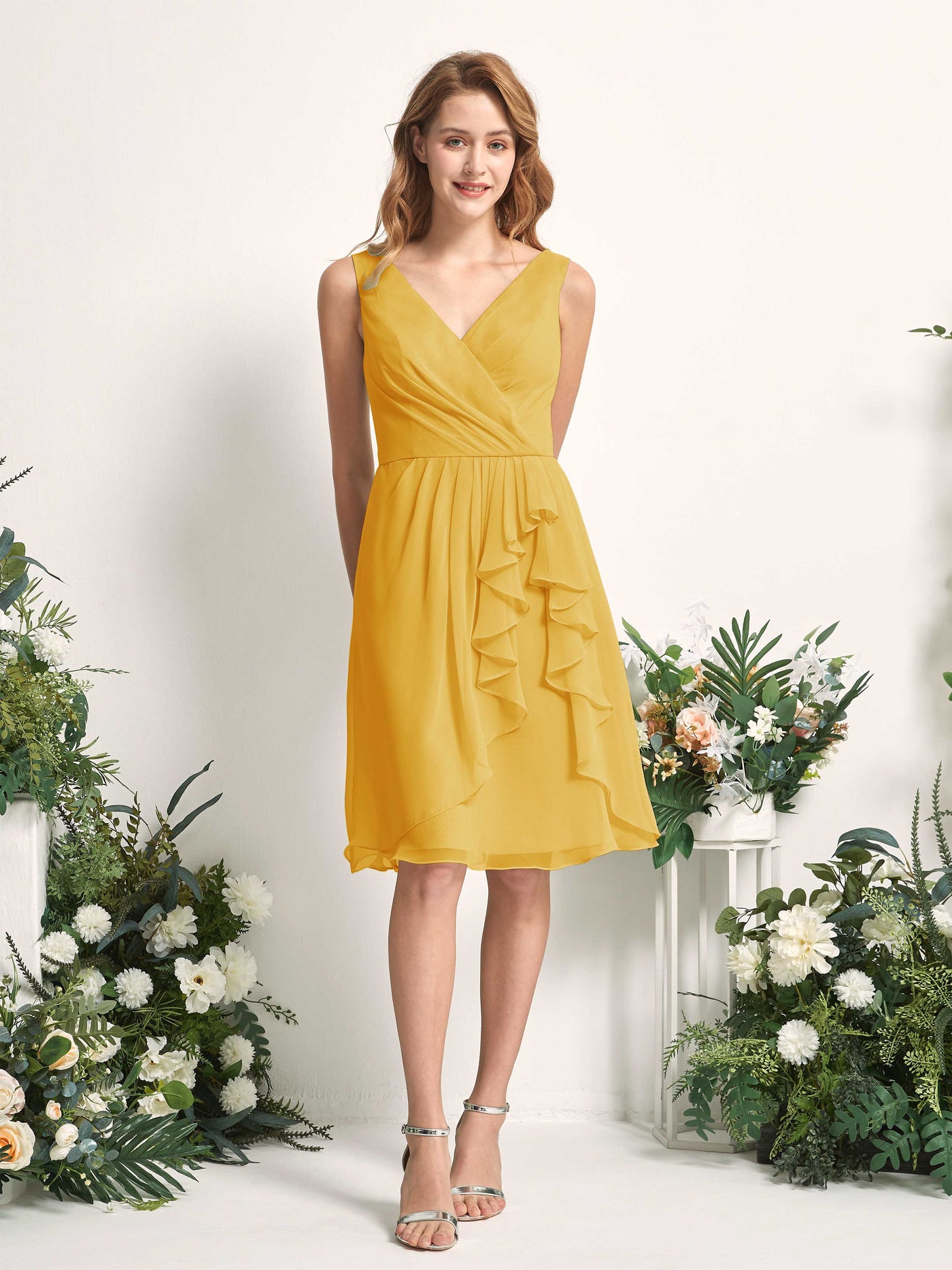 Bridesmaid Dress A-line Chiffon Straps Knee Length Sleeveless Wedding Party Dress - Mustard Yellow (81226633)#color_mustard-yellow