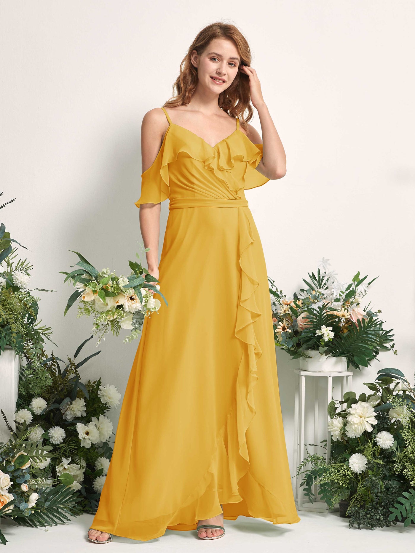 Bridesmaid Dress A-line Chiffon Spaghetti-straps Full Length Sleeveless Wedding Party Dress - Mustard Yellow (81227433)#color_mustard-yellow