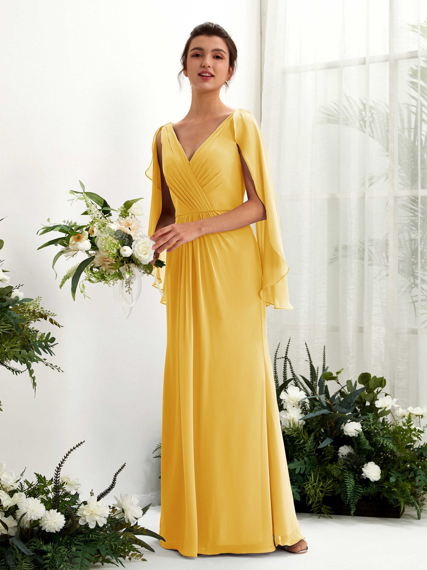 Mustard Yellow Bridesmaid Dresses Bridesmaid Dress A-line Chiffon Straps Full Length Long Sleeves Wedding Party Dress (80220133)#color_mustard-yellow
