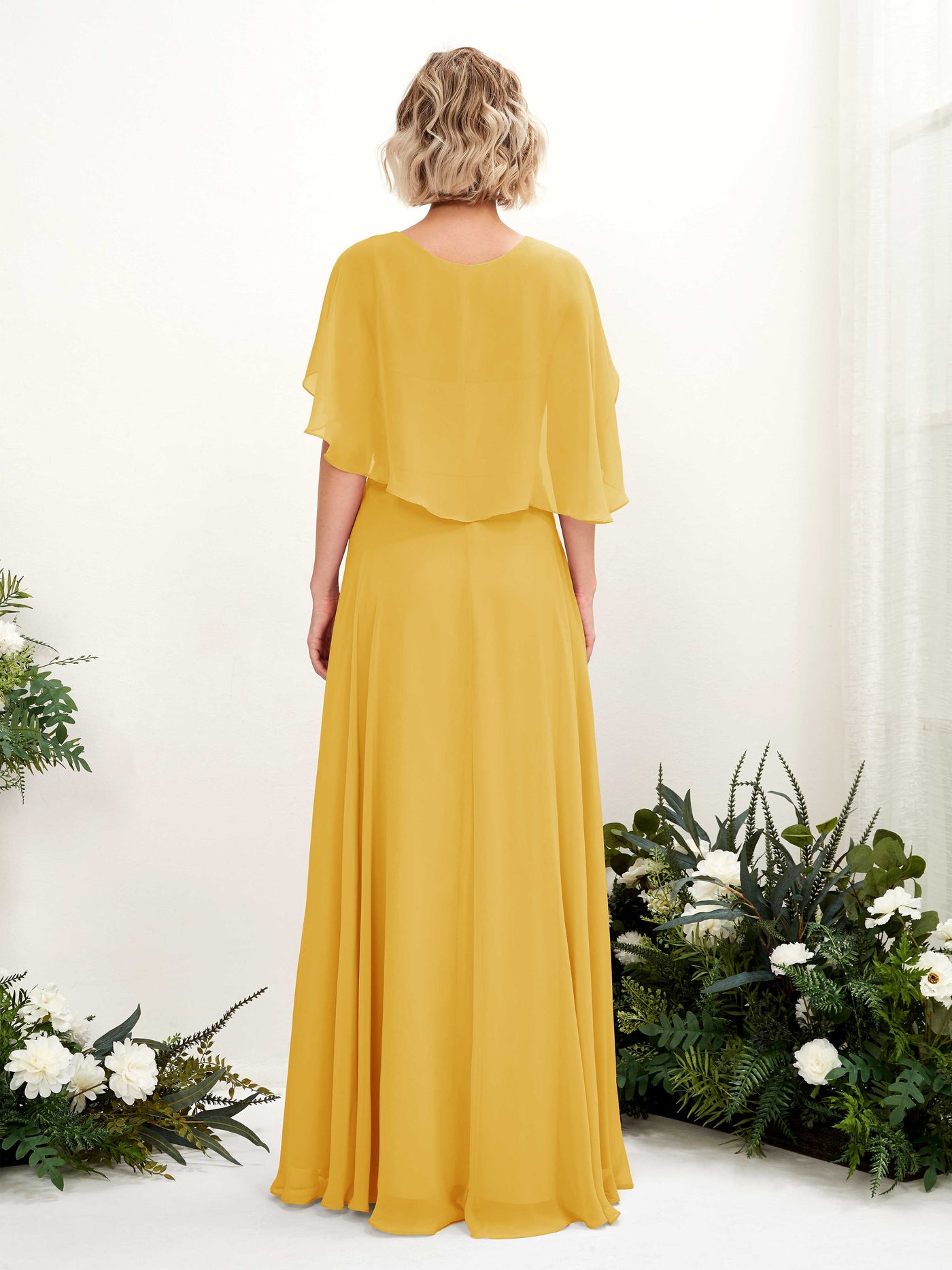 Mustard Yellow Bridesmaid Dresses Bridesmaid Dress A-line Chiffon V-neck Full Length Short Sleeves Wedding Party Dress (81224433)#color_mustard-yellow