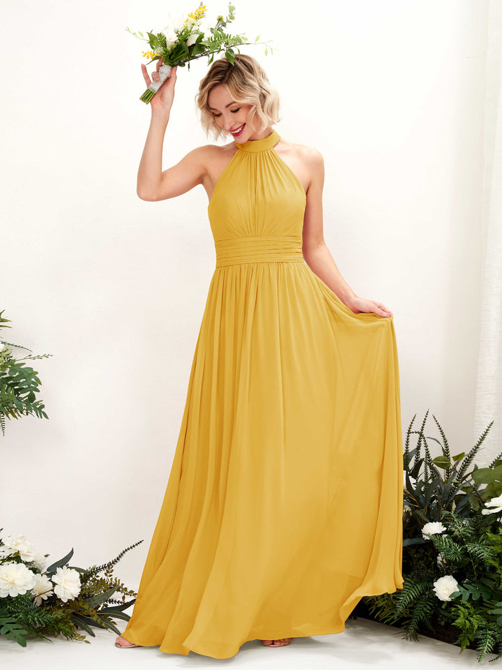 Mustard Yellow Bridesmaid Dresses Bridesmaid Dress A-line Chiffon Halter Full Length Sleeveless Wedding Party Dress (81225333)