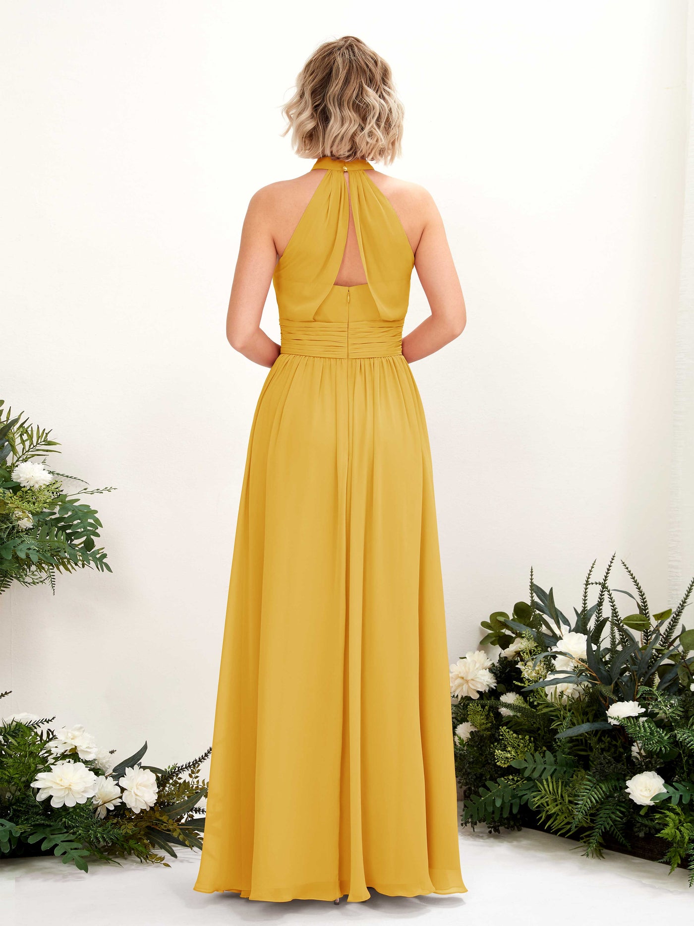 Mustard Yellow Bridesmaid Dresses Bridesmaid Dress A-line Chiffon Halter Full Length Sleeveless Wedding Party Dress (81225333)#color_mustard-yellow