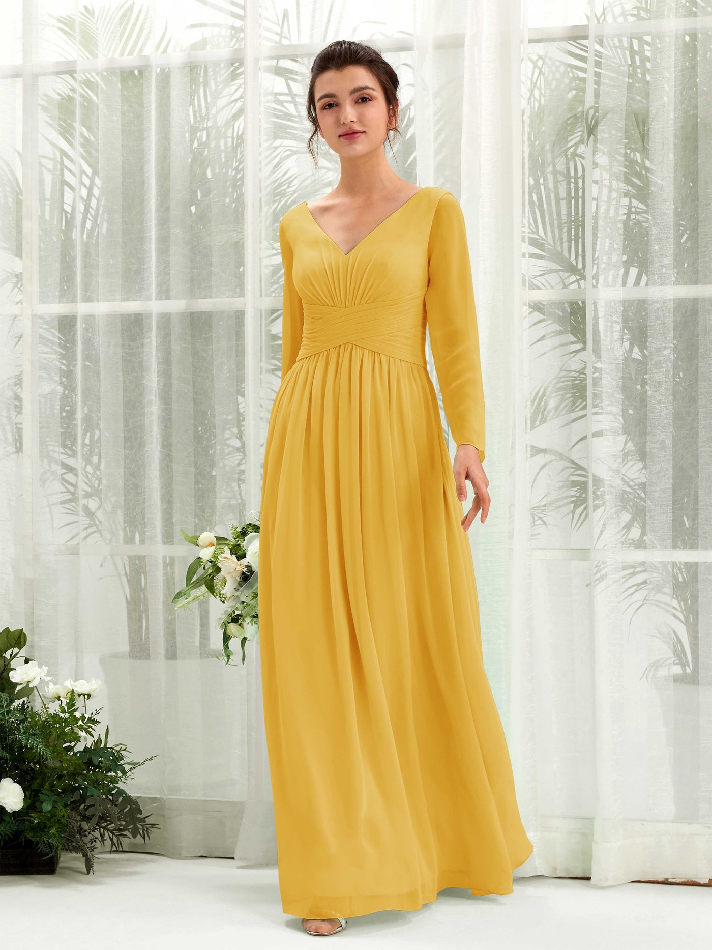 Mustard Yellow Bridesmaid Dresses Bridesmaid Dress A-line Chiffon V-neck Full Length Long Sleeves Wedding Party Dress (81220333)#color_mustard-yellow