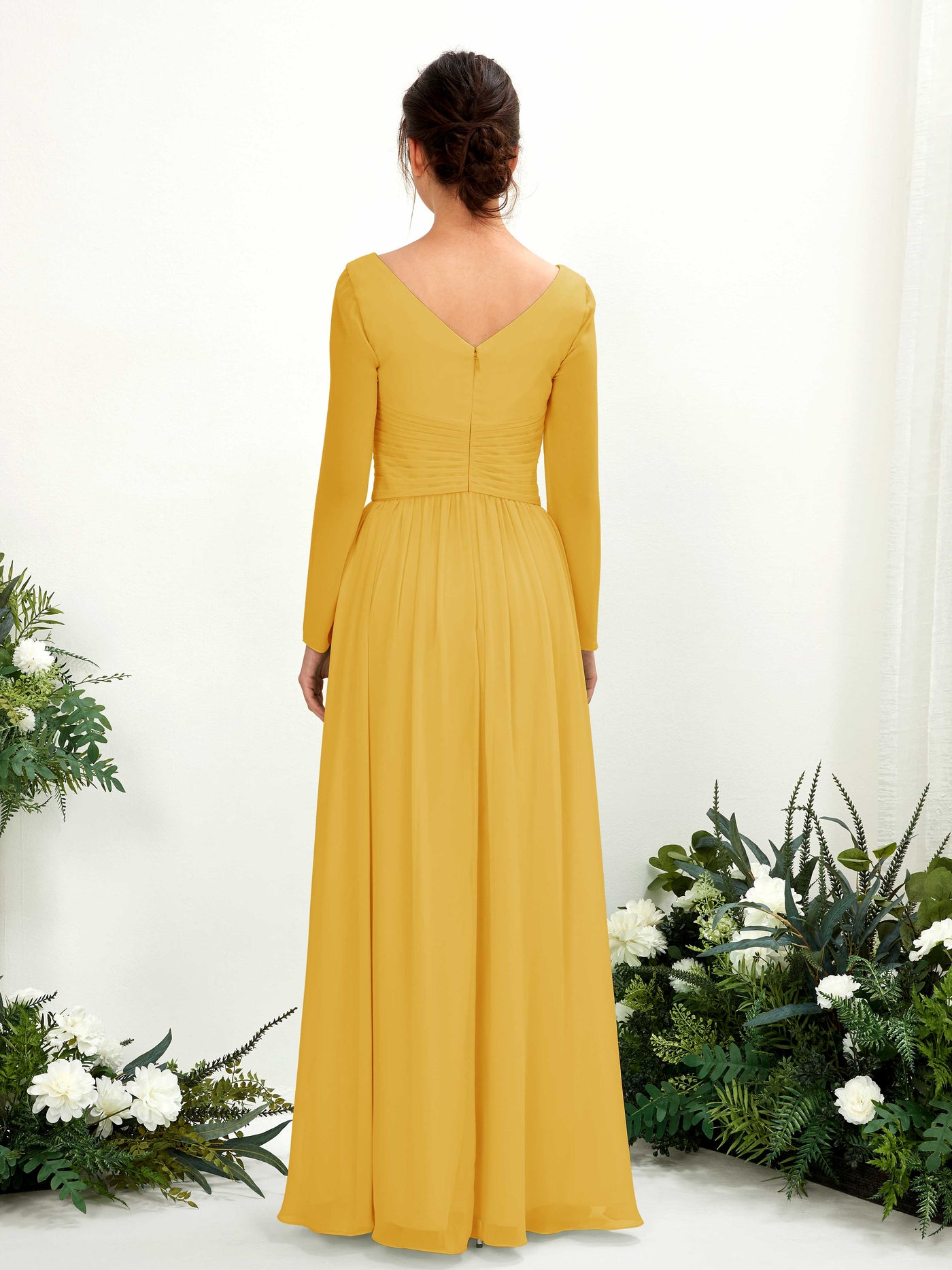 Mustard Yellow Bridesmaid Dresses Bridesmaid Dress A-line Chiffon V-neck Full Length Long Sleeves Wedding Party Dress (81220333)#color_mustard-yellow