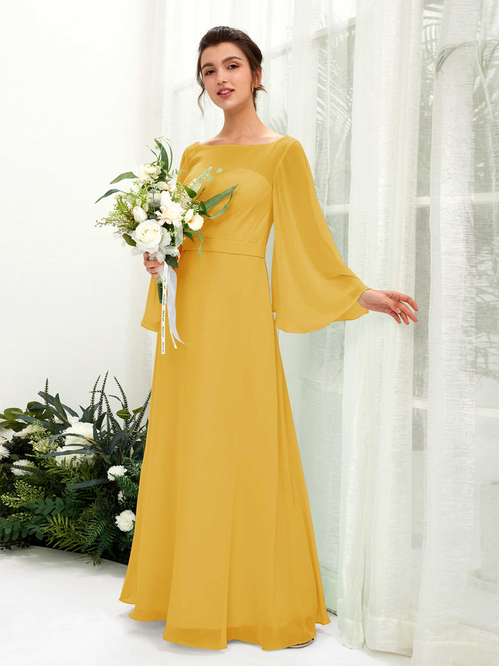 Mustard Yellow Bridesmaid Dresses Bridesmaid Dress A-line Chiffon Bateau Full Length Long Sleeves Wedding Party Dress (81220533)