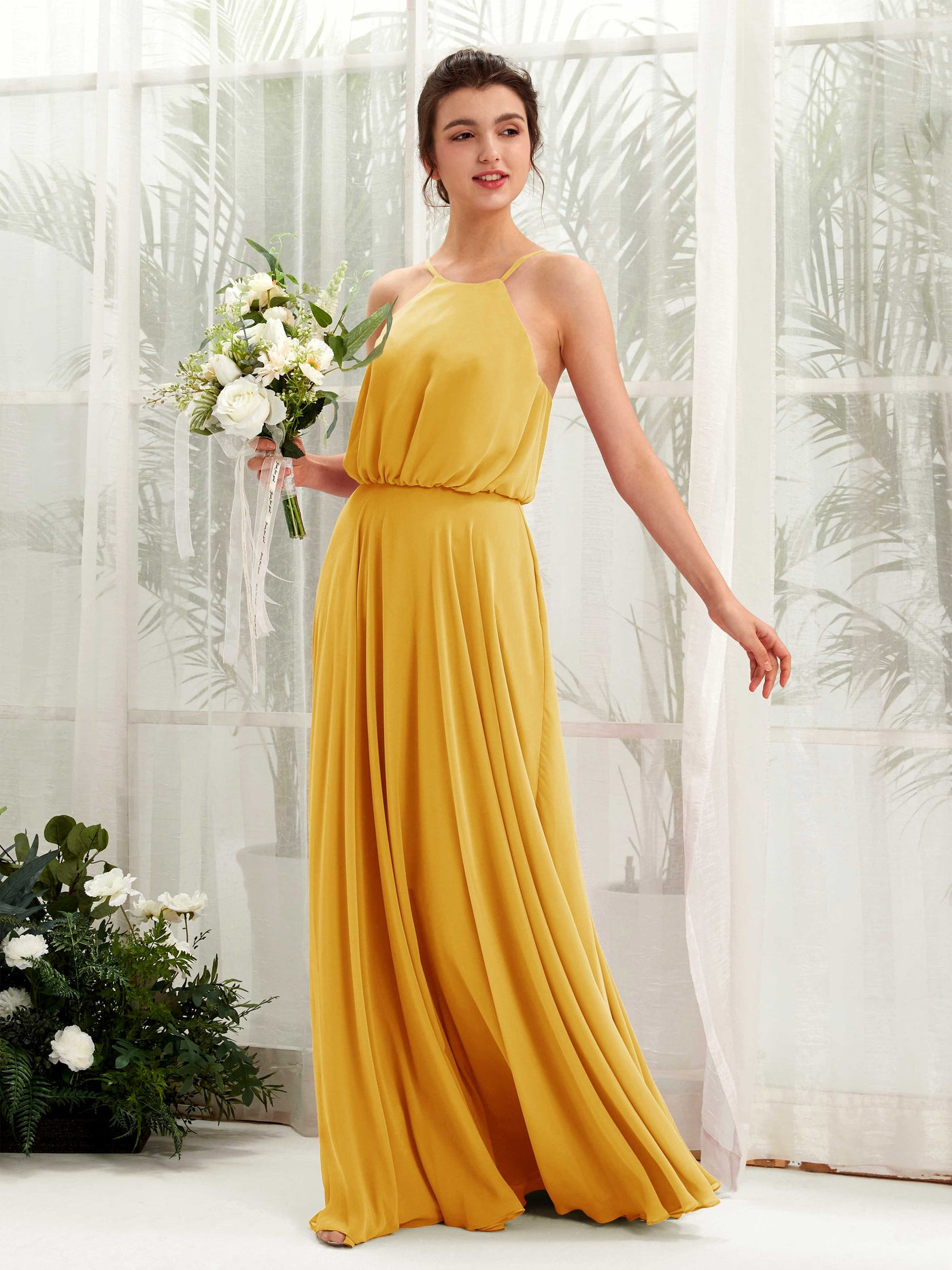 Mustard Yellow Bridesmaid Dresses Bridesmaid Dress Ball Gown Chiffon Halter Full Length Sleeveless Wedding Party Dress (81223433)#color_mustard-yellow