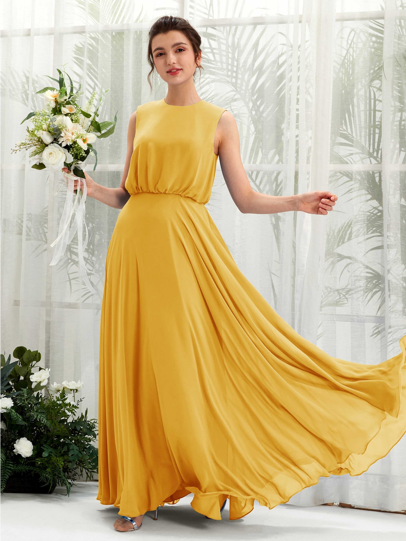 Mustard Yellow Bridesmaid Dresses Bridesmaid Dress A-line Chiffon Round Full Length Sleeveless Wedding Party Dress (81222833)#color_mustard-yellow