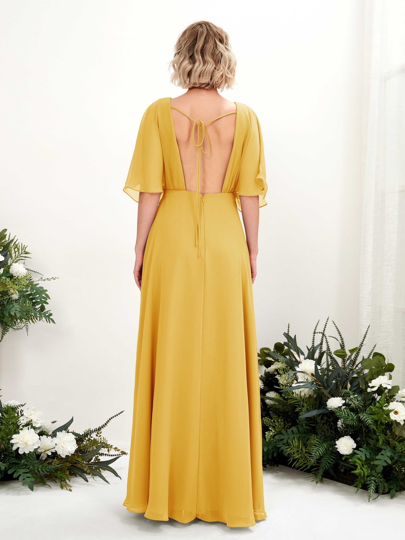 Mustard Yellow Bridesmaid Dresses Bridesmaid Dress A-line Chiffon V-neck Full Length Short Sleeves Wedding Party Dress (81225133)#color_mustard-yellow