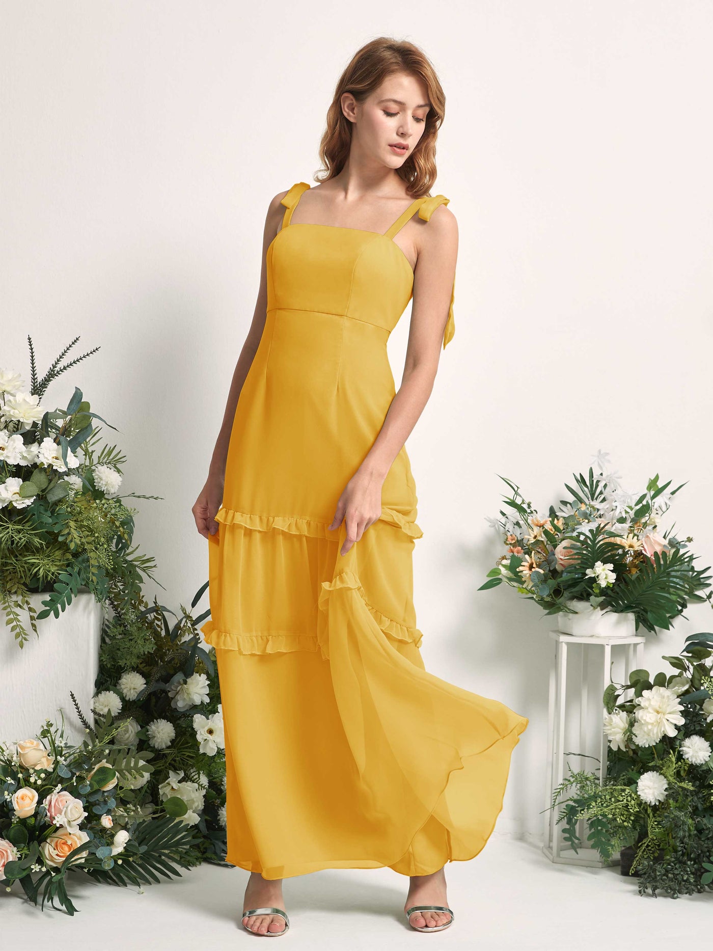 Bridesmaid Dress Chiffon Straps Full Length Sleeveless Wedding Party Dress - Mustard Yellow (81227533)#color_mustard-yellow