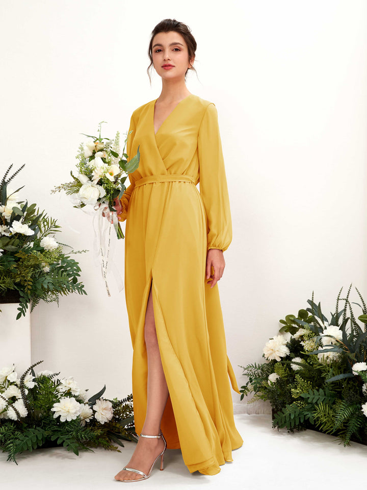 Mustard Yellow Bridesmaid Dresses Bridesmaid Dress A-line Chiffon V-neck Full Length Long Sleeves Wedding Party Dress (81223233)