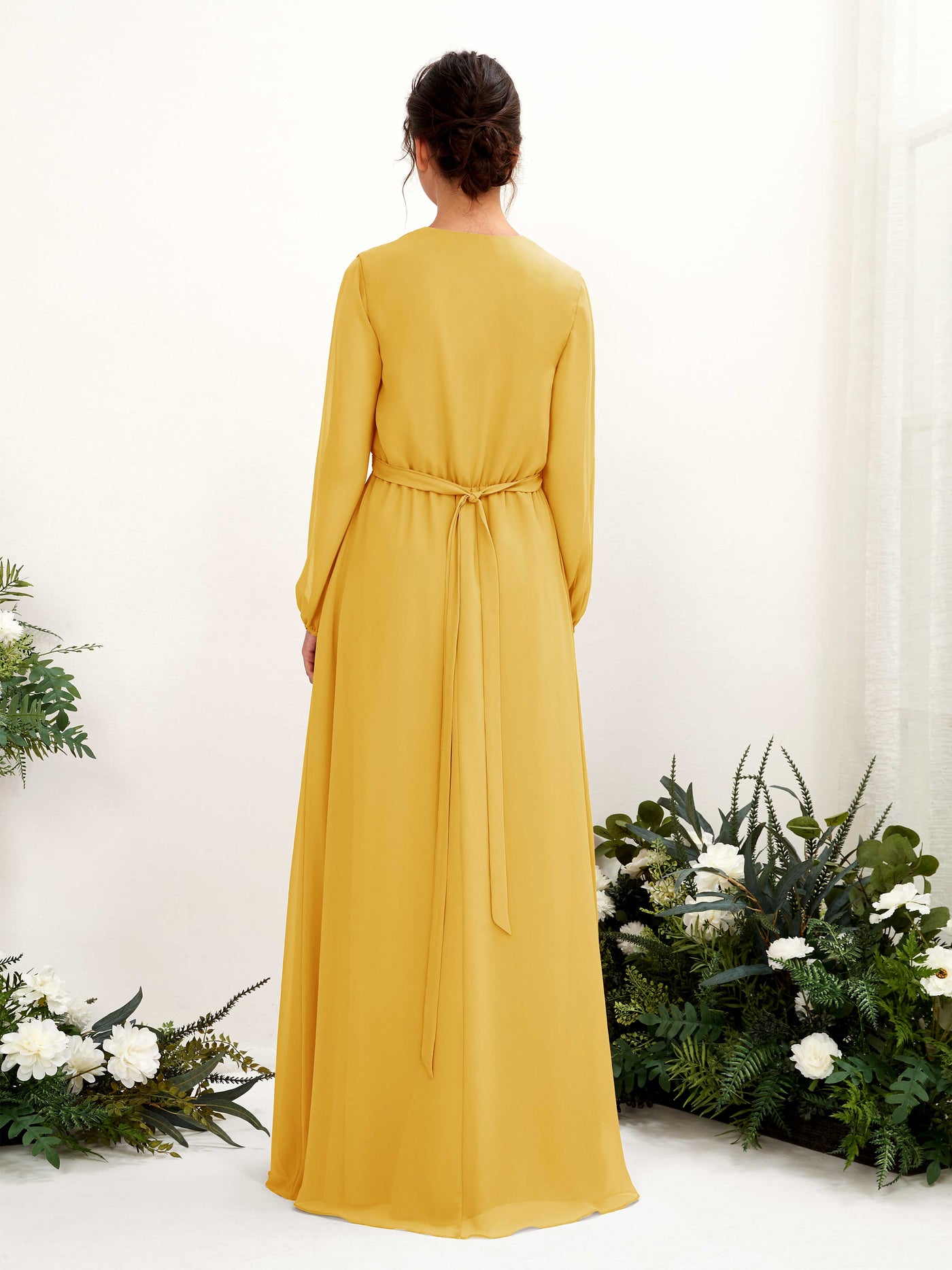 Mustard Yellow Bridesmaid Dresses Bridesmaid Dress A-line Chiffon V-neck Full Length Long Sleeves Wedding Party Dress (81223233)#color_mustard-yellow