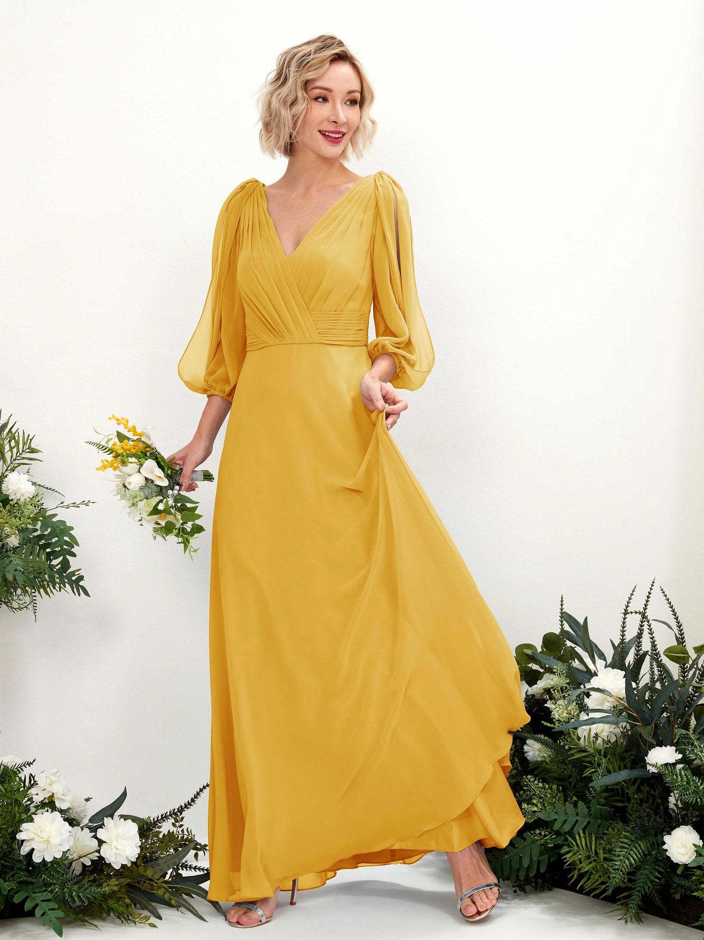 Mustard Yellow Bridesmaid Dresses Bridesmaid Dress Chiffon V-neck Full Length Long Sleeves Wedding Party Dress (81223533)#color_mustard-yellow