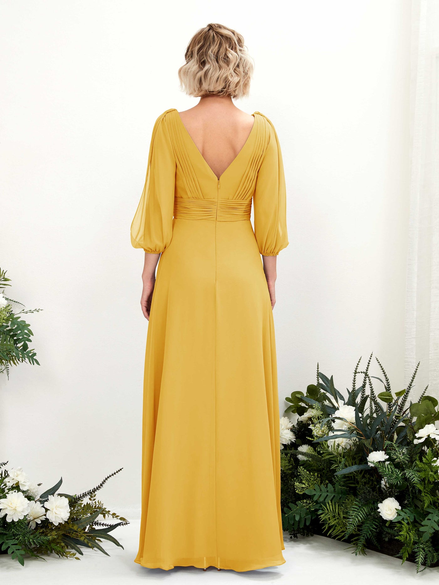 Mustard Yellow Bridesmaid Dresses Bridesmaid Dress Chiffon V-neck Full Length Long Sleeves Wedding Party Dress (81223533)#color_mustard-yellow