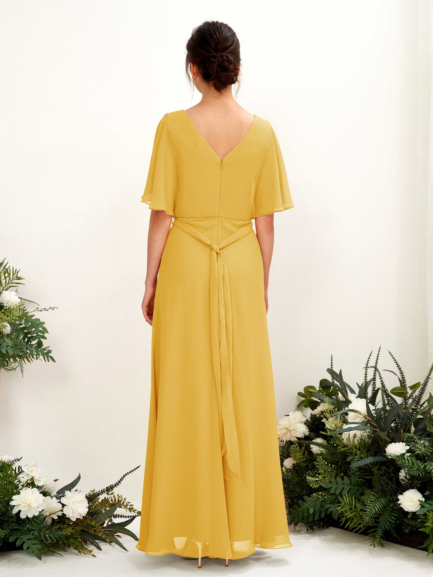 Mustard Yellow Bridesmaid Dresses Bridesmaid Dress A-line Chiffon V-neck Full Length Short Sleeves Wedding Party Dress (81222433)#color_mustard-yellow