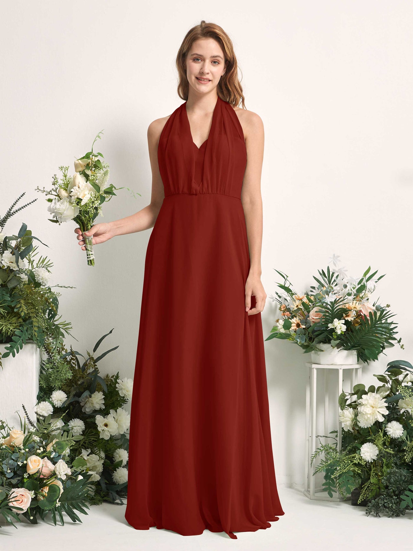 Rust Bridesmaid Dresses Bridesmaid Dress A-line Chiffon Halter Full Length Short Sleeves Wedding Party Dress (81226319)#color_rust