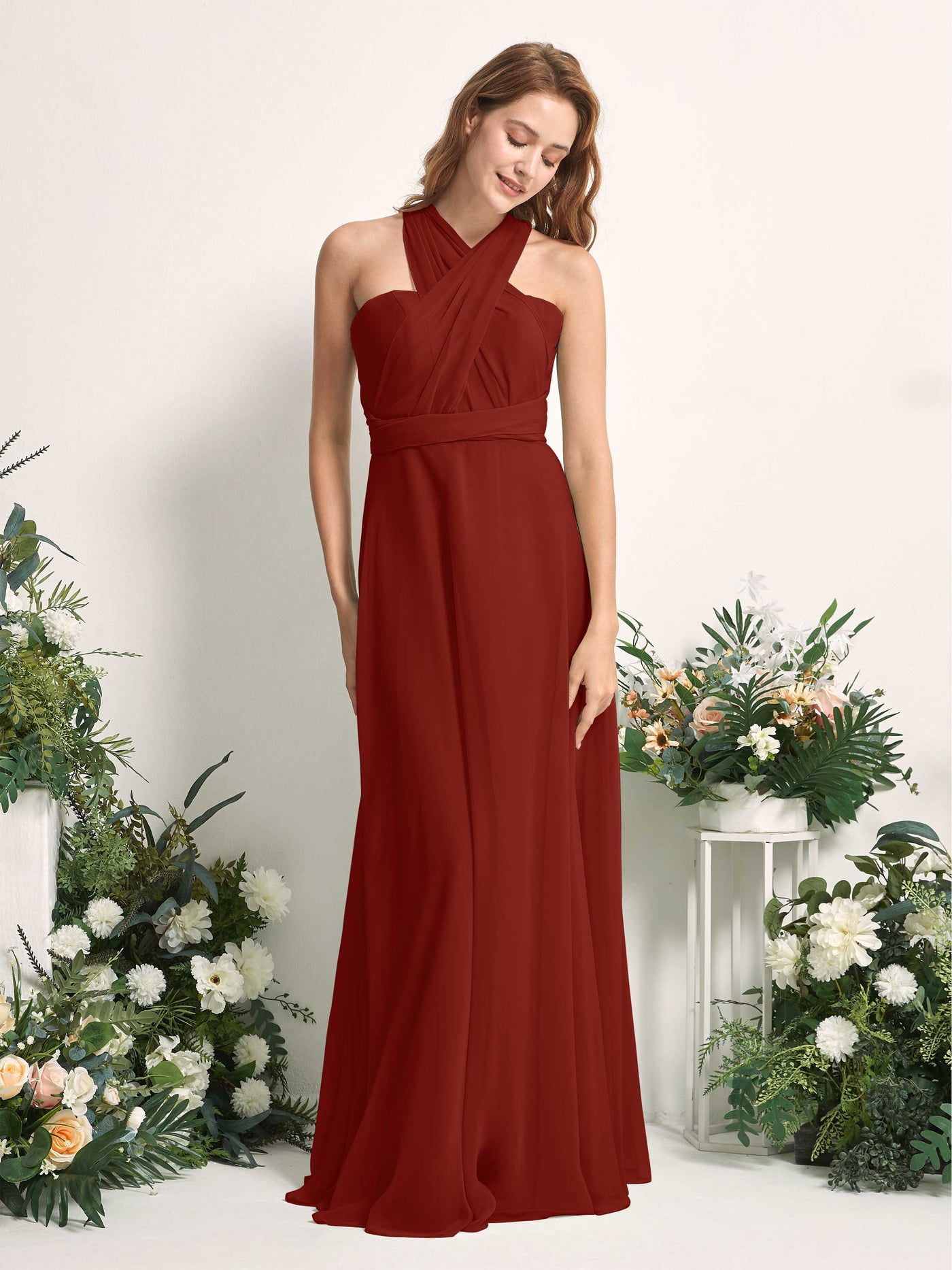 Rust Bridesmaid Dresses Bridesmaid Dress A-line Chiffon Halter Full Length Short Sleeves Wedding Party Dress (81226319)#color_rust