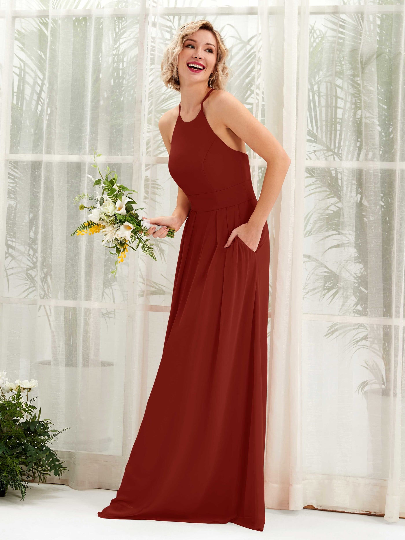 Rust Bridesmaid Dresses Bridesmaid Dress A-line Chiffon Halter Full Length Sleeveless Wedding Party Dress (81225219)#color_rust