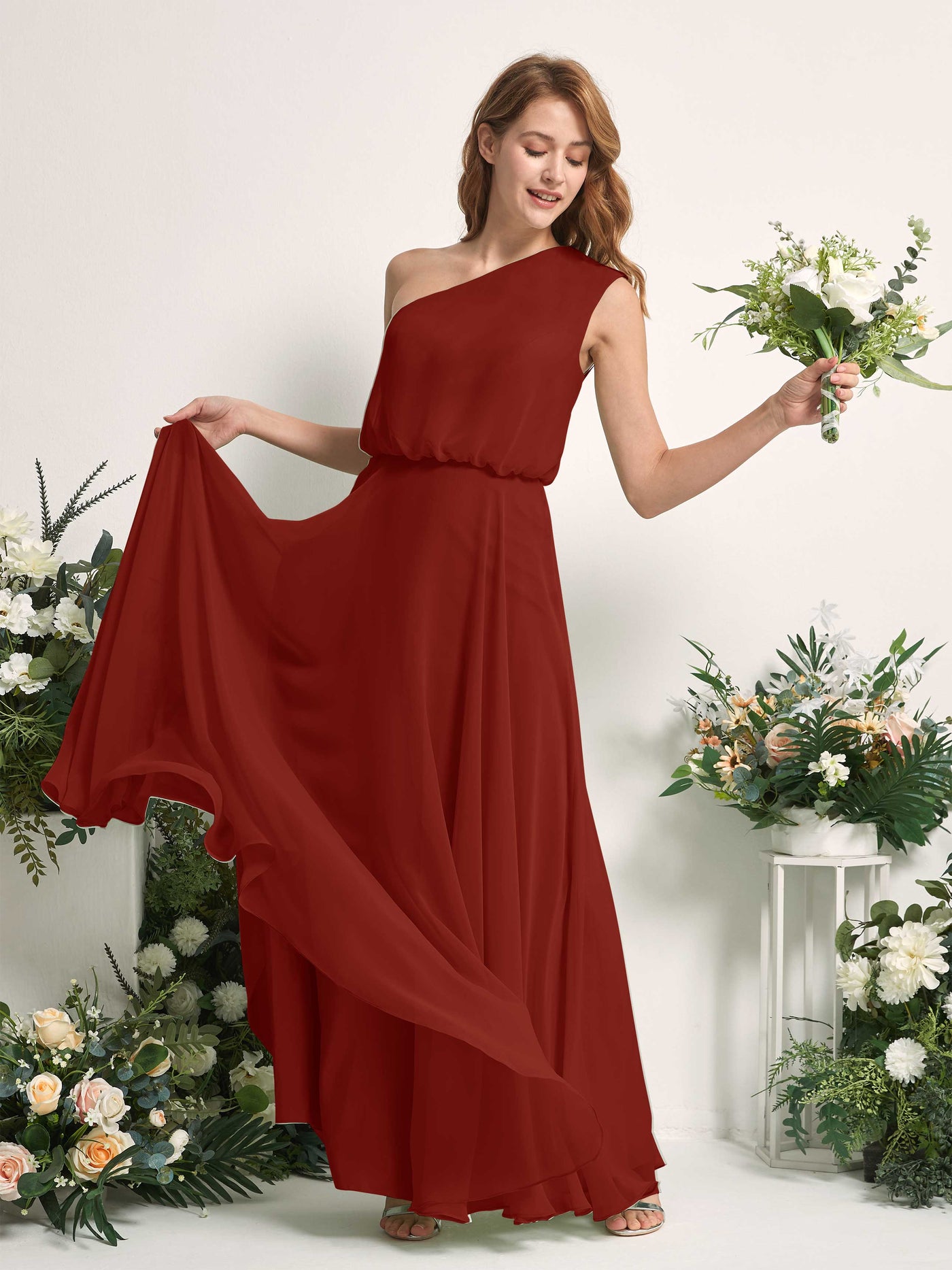 Bridesmaid Dress A-line Chiffon One Shoulder Full Length Sleeveless Wedding Party Dress - Rust (81226819)#color_rust